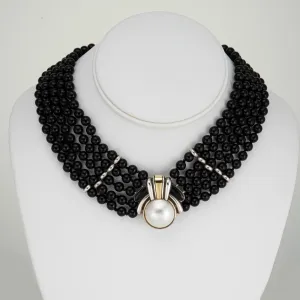 Vintage 70s Cartier Necklace Onyx Choker Sterling Silver 18k Gold Mabe Pearl