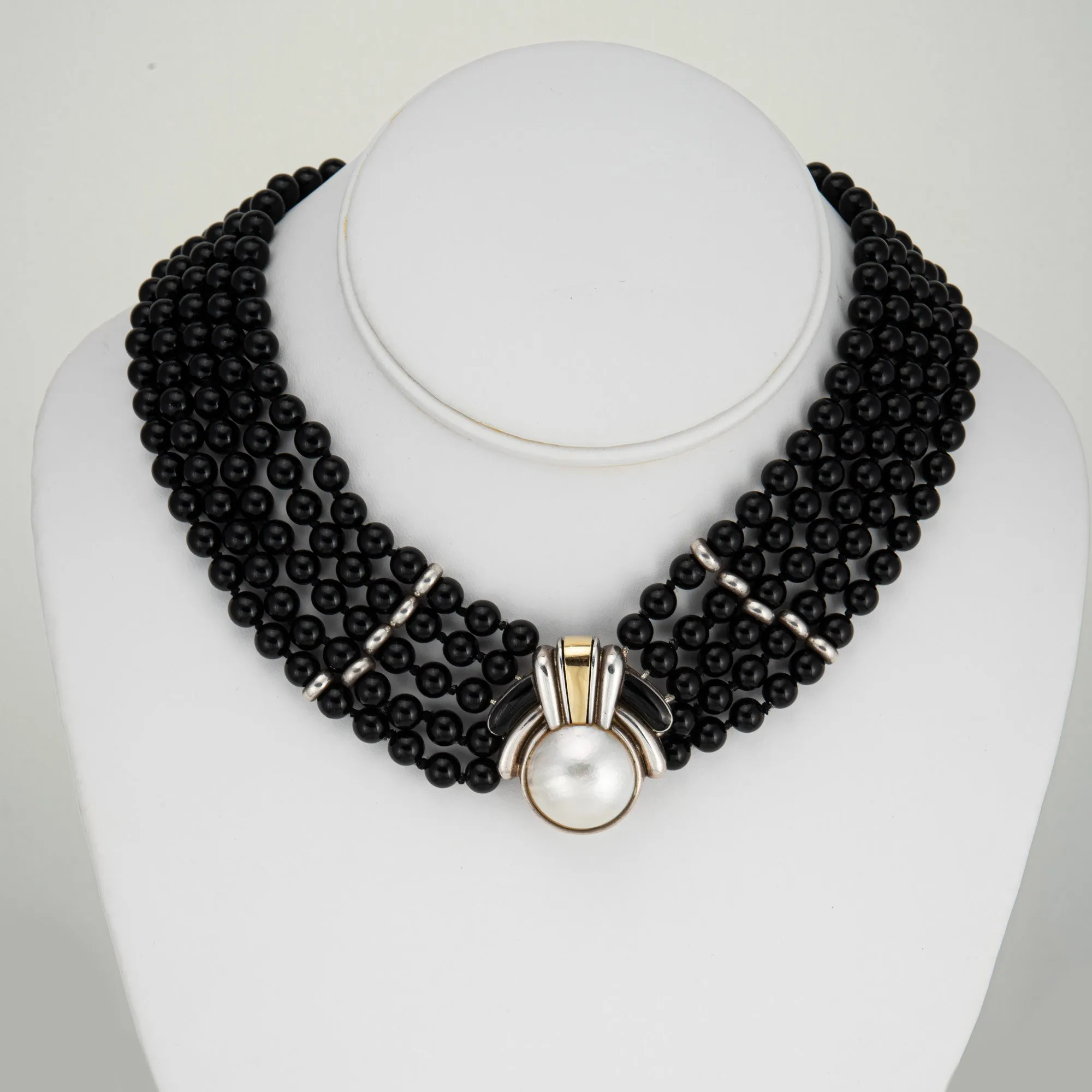 Vintage 70s Cartier Necklace Onyx Choker Sterling Silver 18k Gold Mabe Pearl