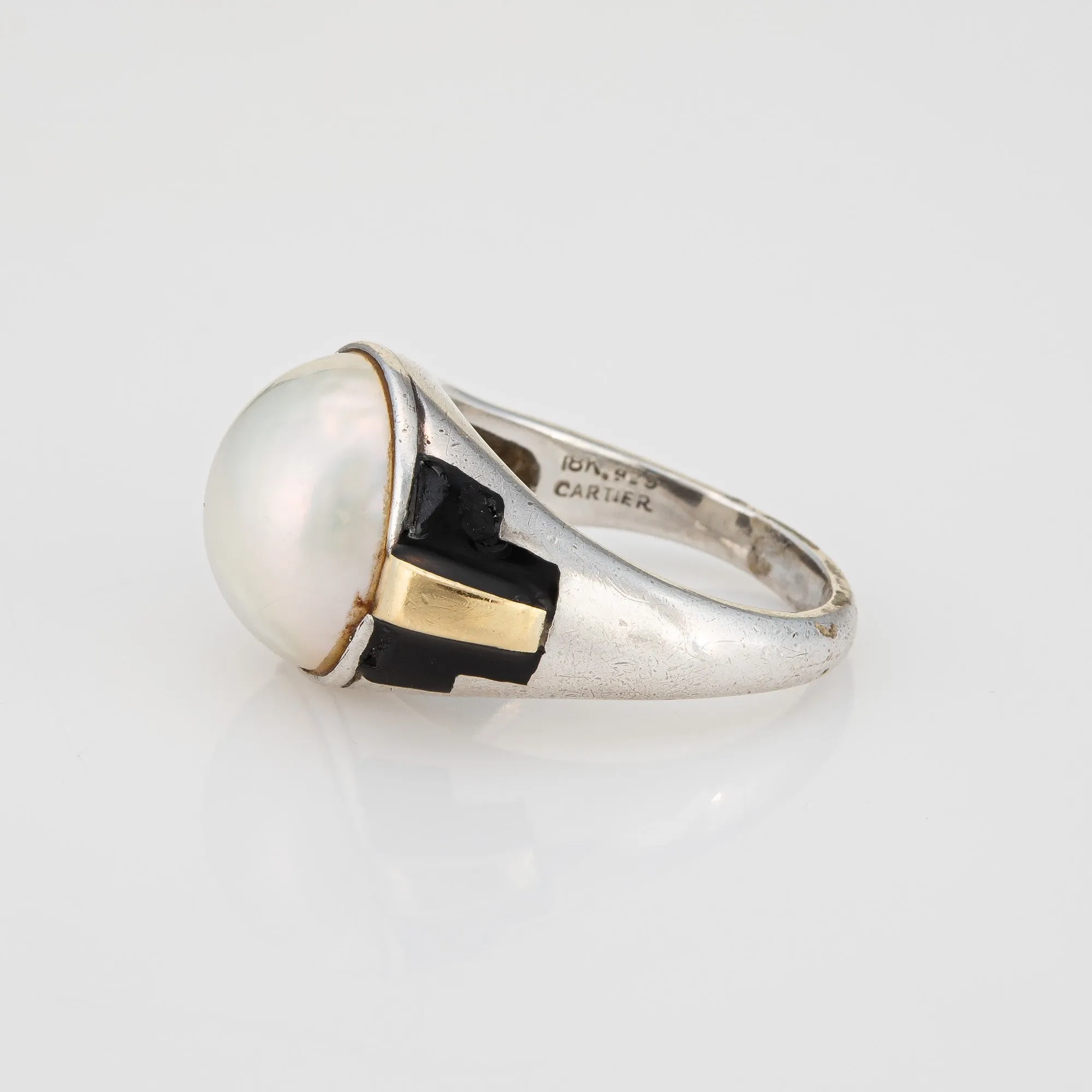 Vintage 70s Cartier Ring 6.5 Sterling Silver 18k Gold Mabe Pearl Signed Jewelry