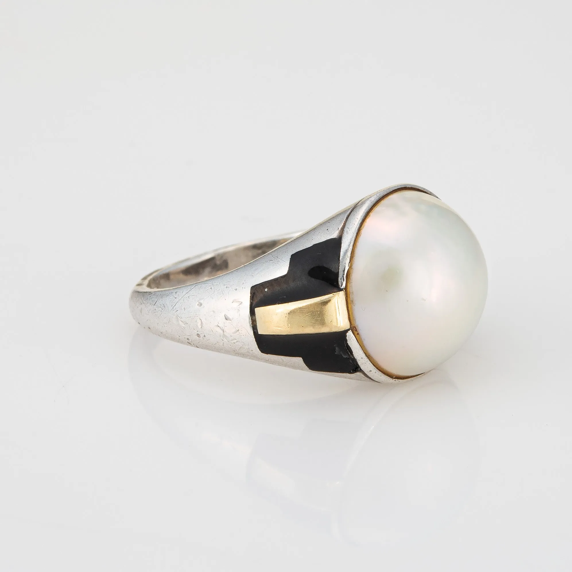 Vintage 70s Cartier Ring 6.5 Sterling Silver 18k Gold Mabe Pearl Signed Jewelry