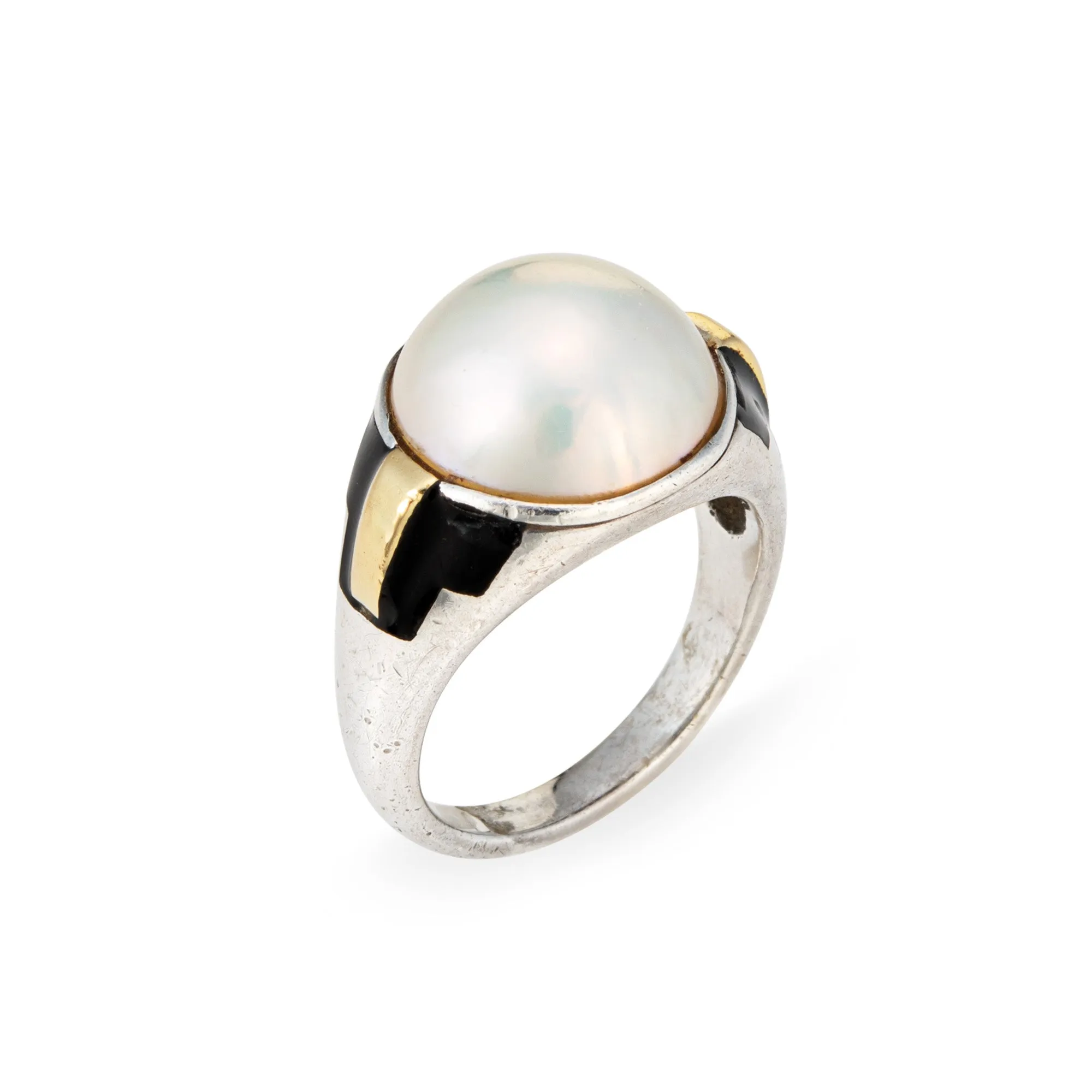 Vintage 70s Cartier Ring 6.5 Sterling Silver 18k Gold Mabe Pearl Signed Jewelry