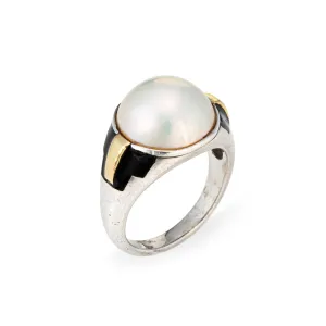 Vintage 70s Cartier Ring 6.5 Sterling Silver 18k Gold Mabe Pearl Signed Jewelry