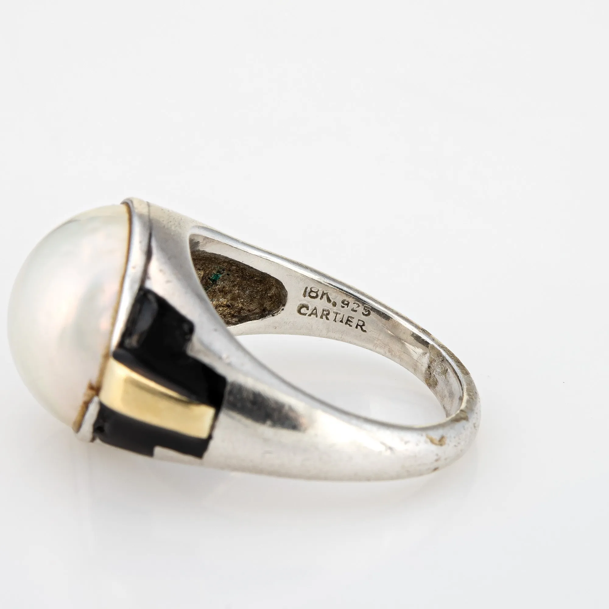 Vintage 70s Cartier Ring 6.5 Sterling Silver 18k Gold Mabe Pearl Signed Jewelry