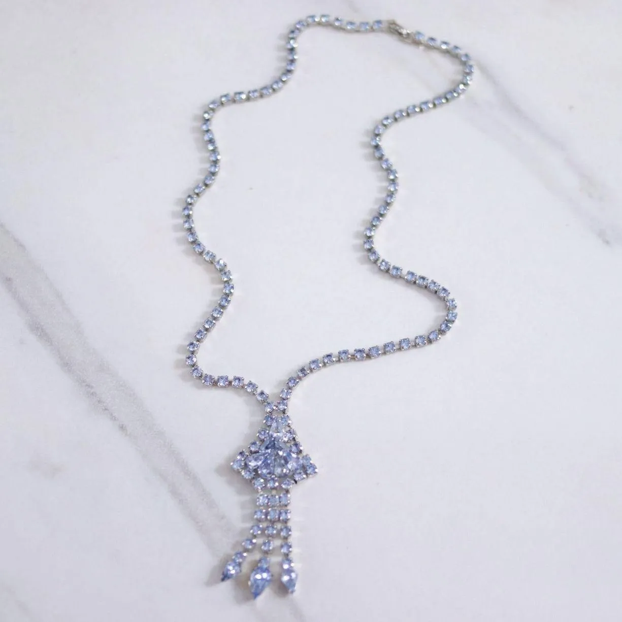 Vintage Blue Rhinestone Tassel Necklace