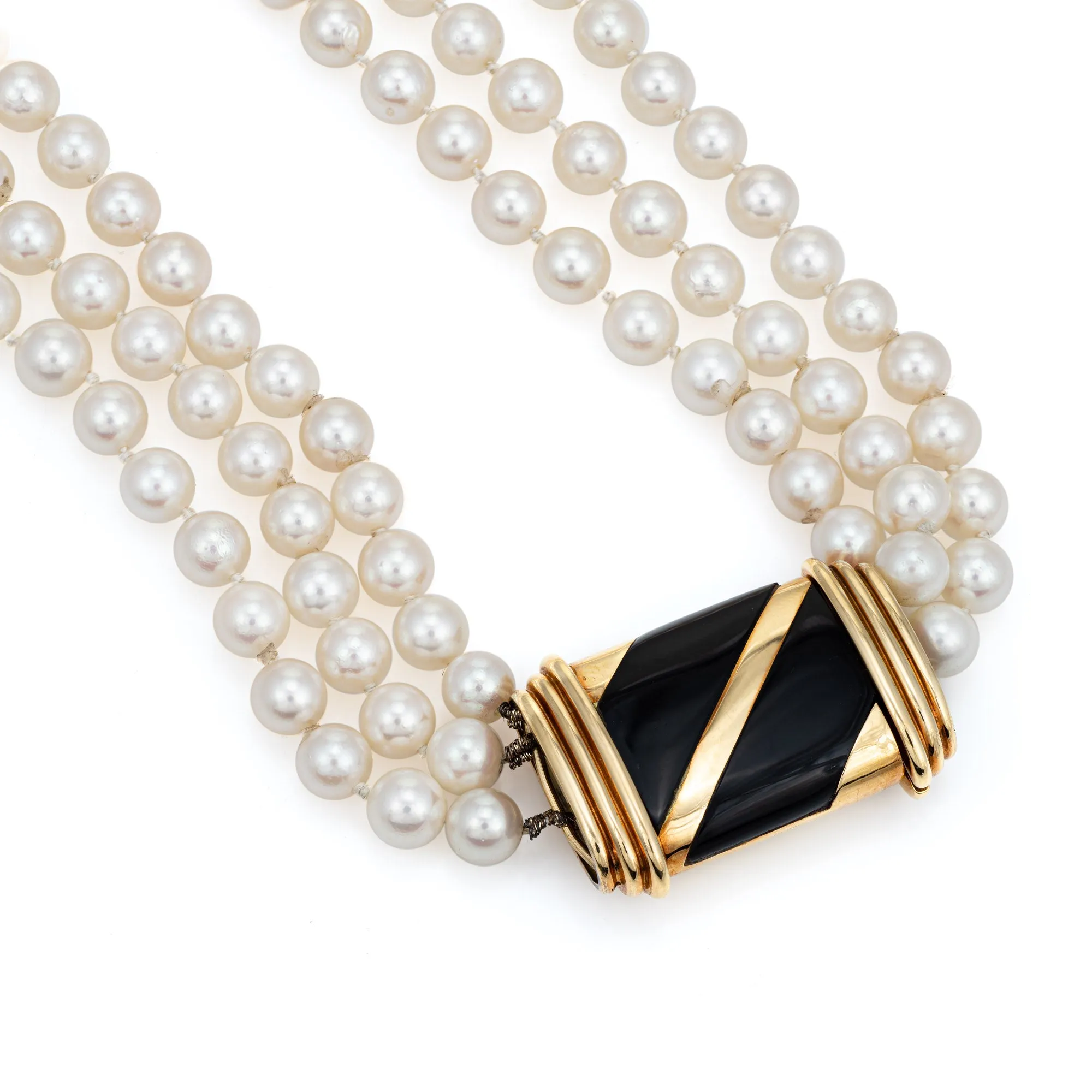 Vintage Cartier Cultured Pearl Necklace Triple Strand 6mm 18k Gold Onyx Clasp