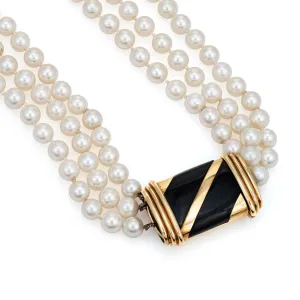 Vintage Cartier Cultured Pearl Necklace Triple Strand 6mm 18k Gold Onyx Clasp