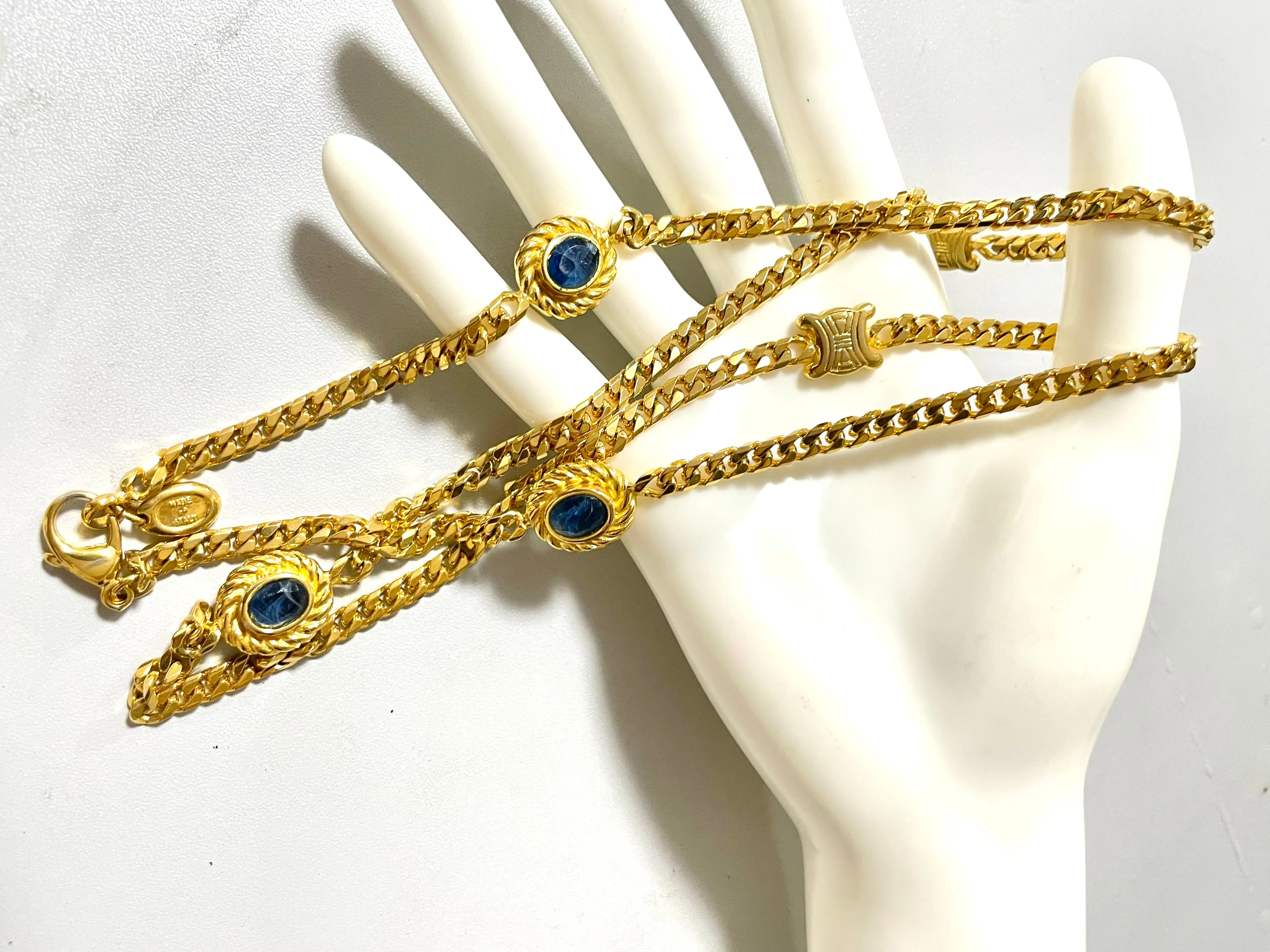 Vintage Celine gold chain long necklace with triomphe charms and blue stones. Can be bracelet. Beautiful statement jewelry. 050817ys1