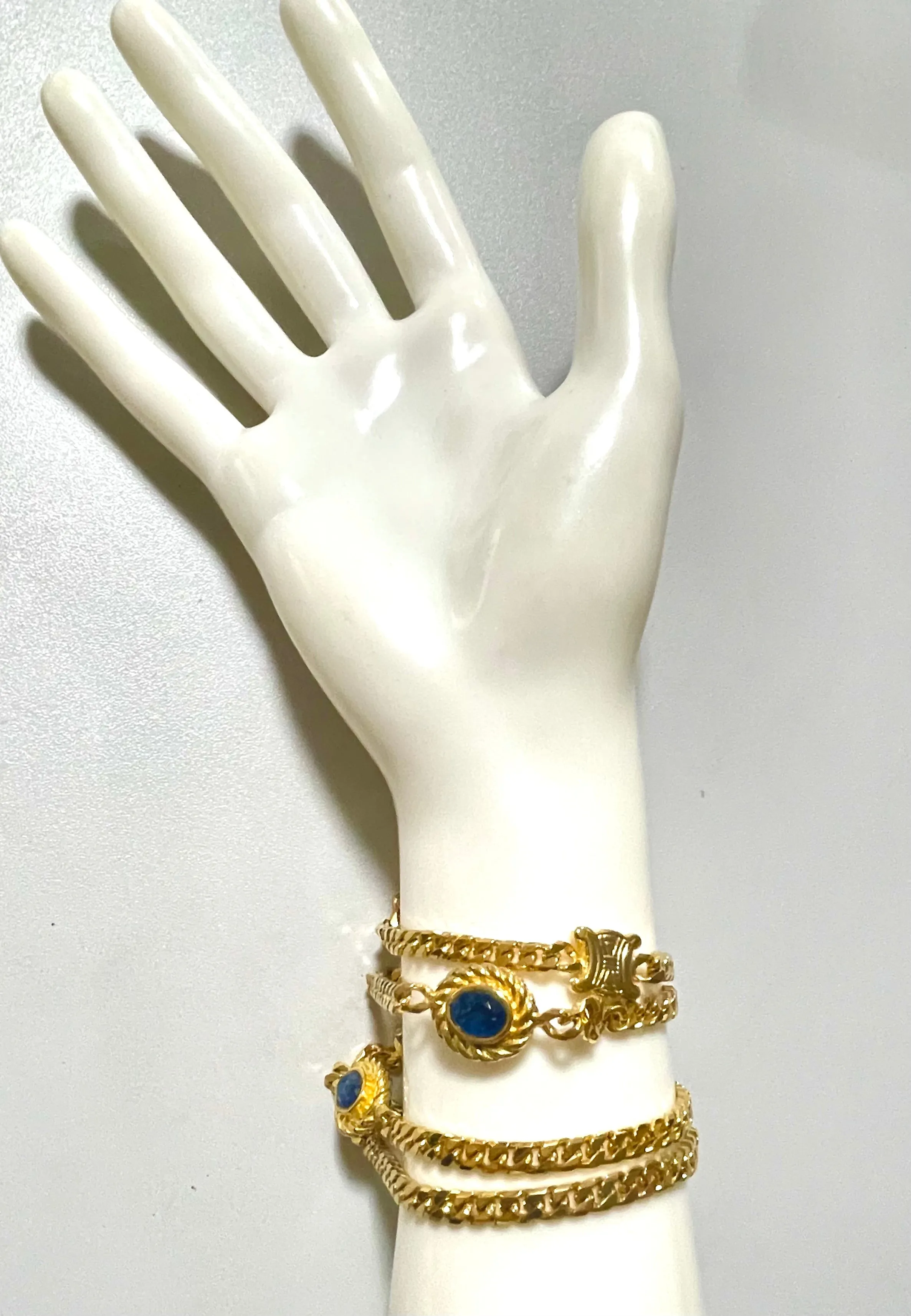 Vintage Celine gold chain long necklace with triomphe charms and blue stones. Can be bracelet. Beautiful statement jewelry. 050817ys1