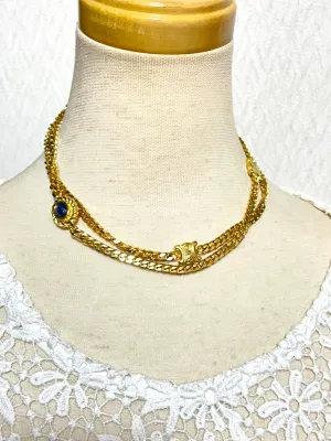 Vintage Celine gold chain long necklace with triomphe charms and blue stones. Can be bracelet. Beautiful statement jewelry. 050817ys1