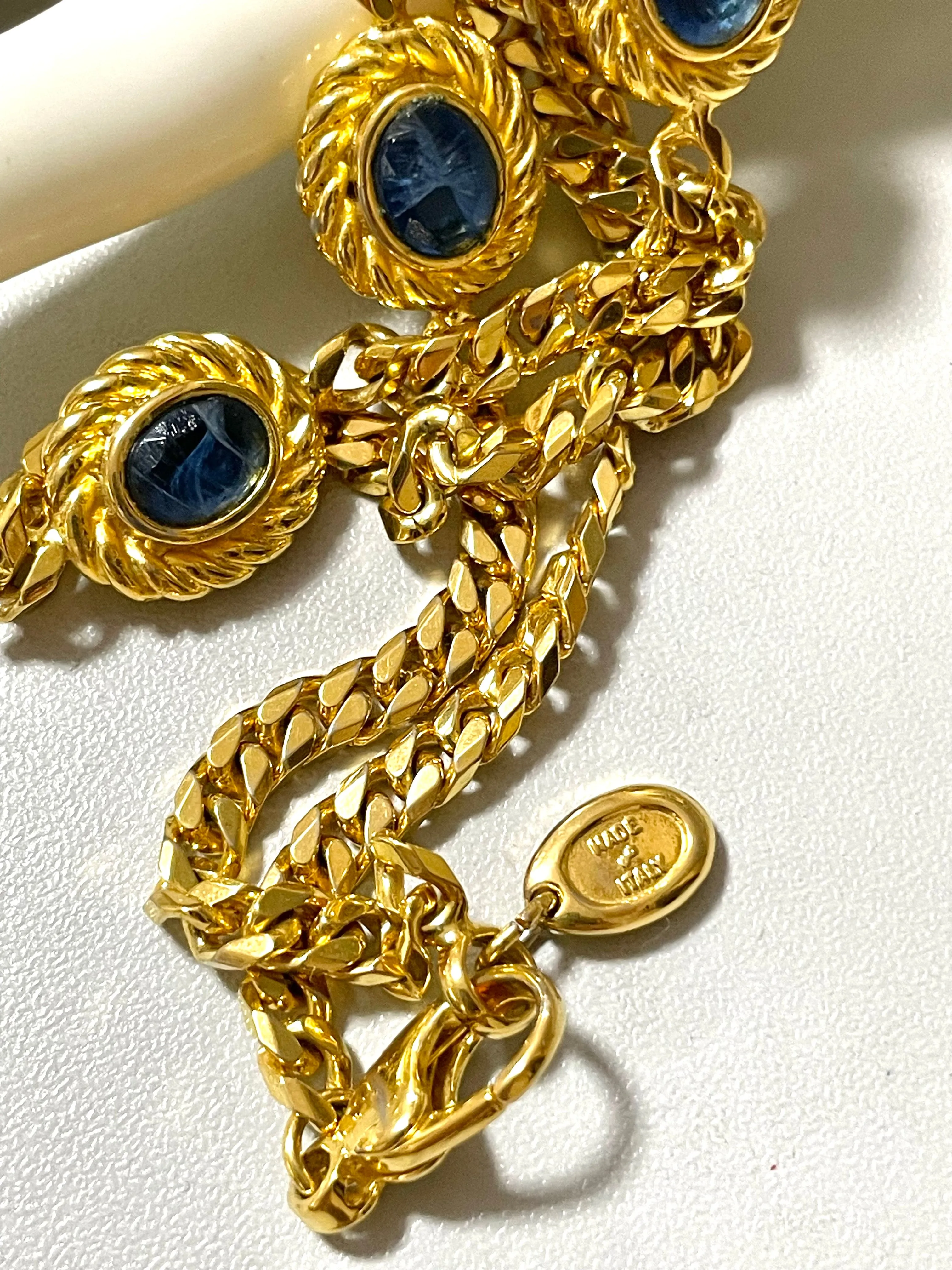 Vintage Celine gold chain long necklace with triomphe charms and blue stones. Can be bracelet. Beautiful statement jewelry. 050817ys1