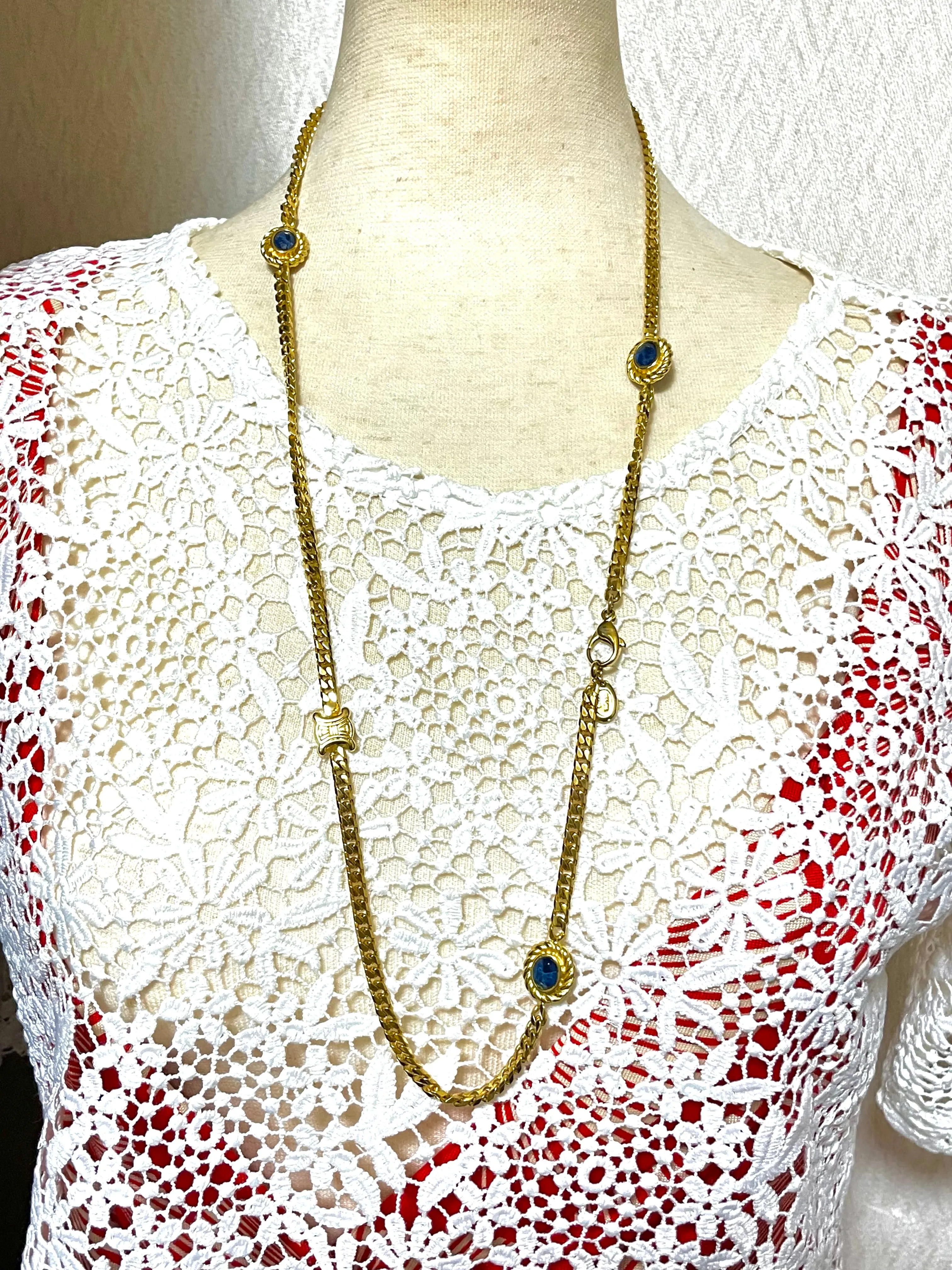 Vintage Celine gold chain long necklace with triomphe charms and blue stones. Can be bracelet. Beautiful statement jewelry. 050817ys1