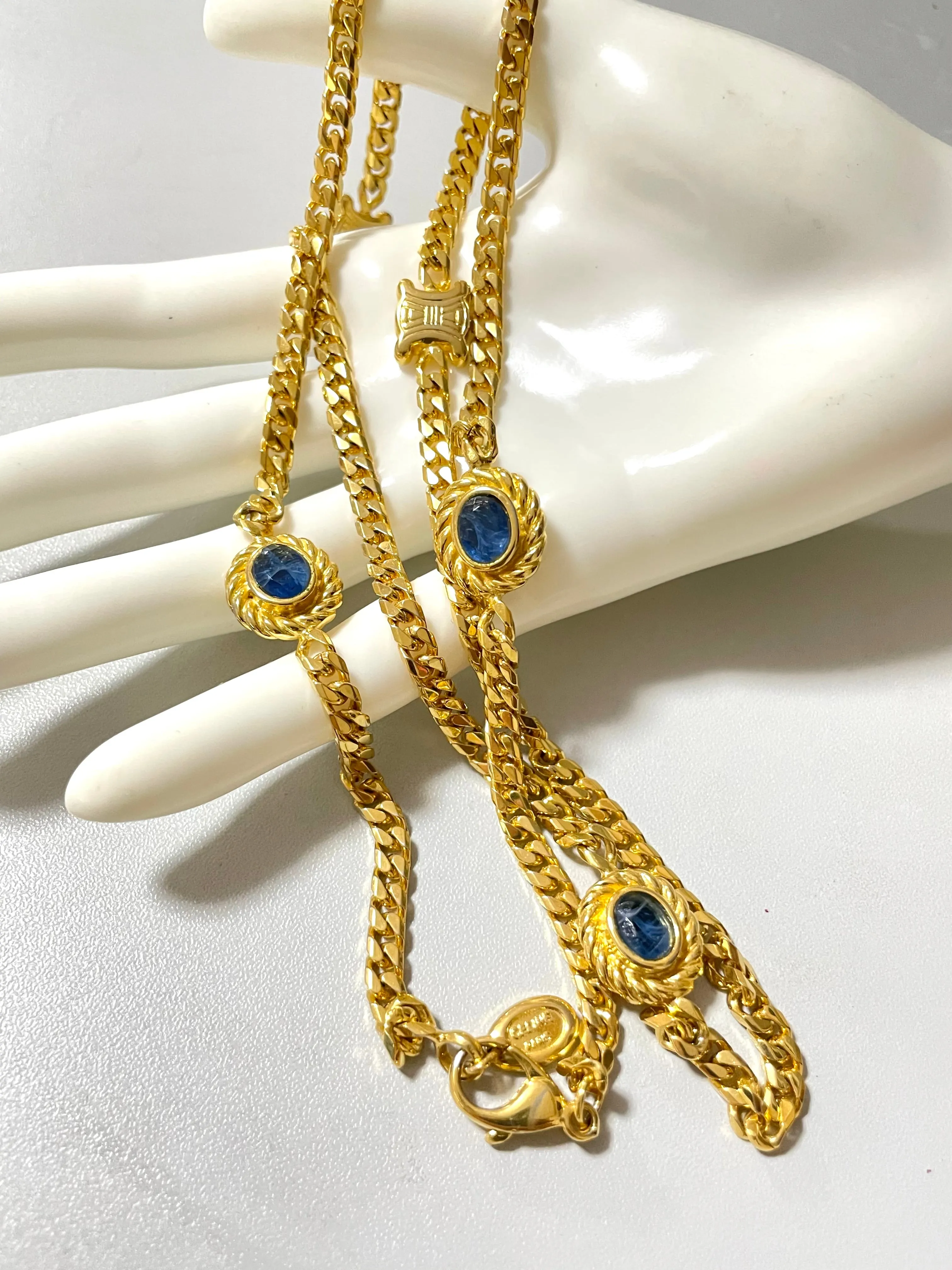 Vintage Celine gold chain long necklace with triomphe charms and blue stones. Can be bracelet. Beautiful statement jewelry. 050817ys1