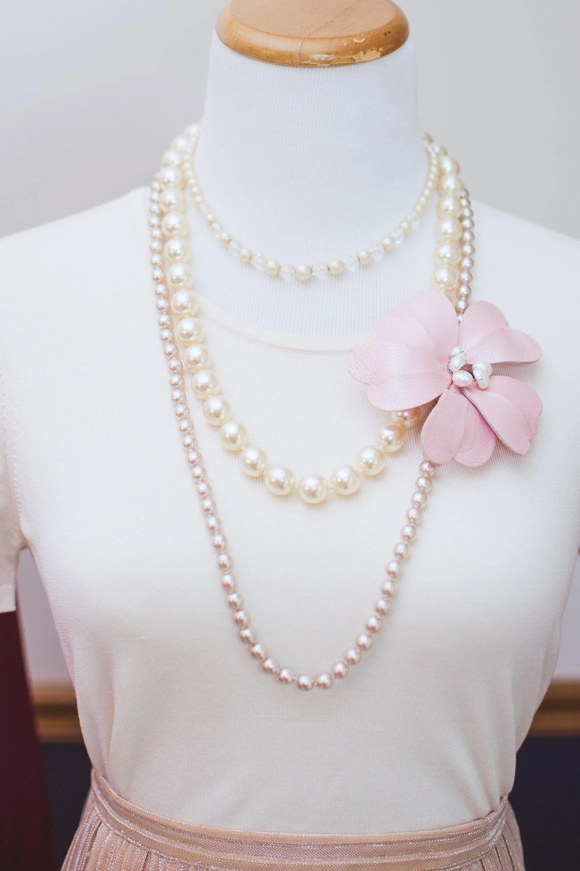Vintage Champagne Silver Tone Long Hand Knotted Pearl Necklace with Silver Filigree Clasp