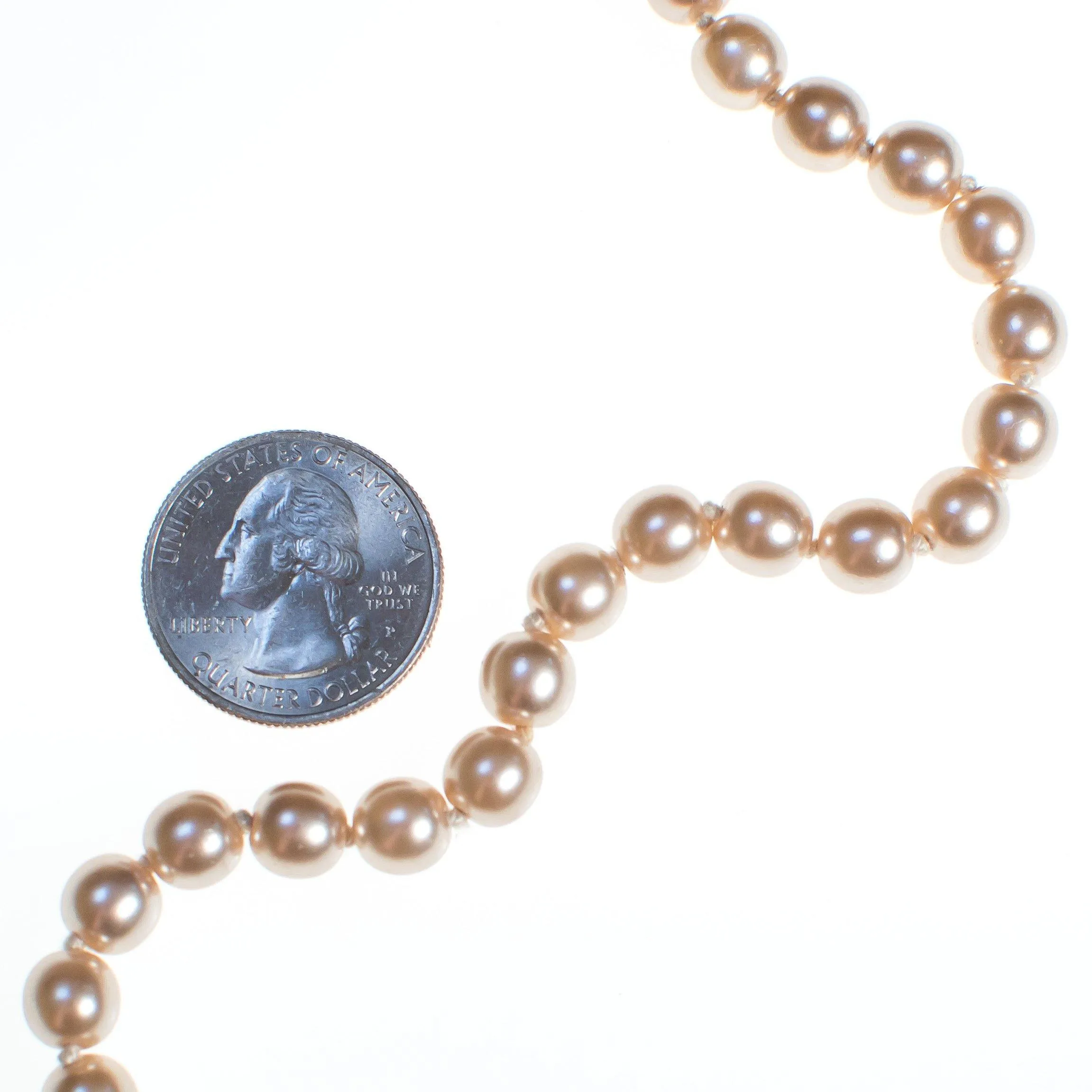 Vintage Champagne Silver Tone Long Hand Knotted Pearl Necklace with Silver Filigree Clasp
