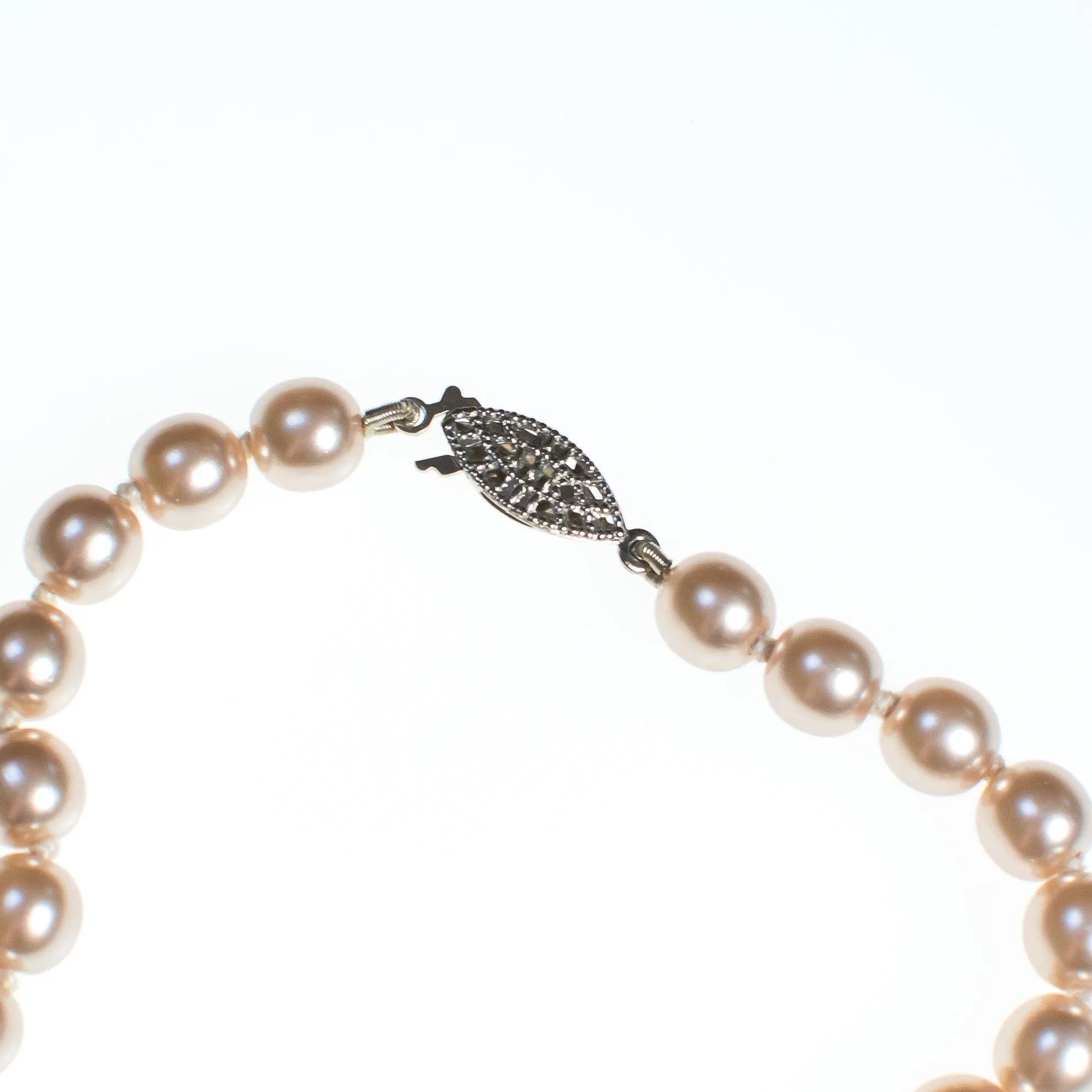 Vintage Champagne Silver Tone Long Hand Knotted Pearl Necklace with Silver Filigree Clasp