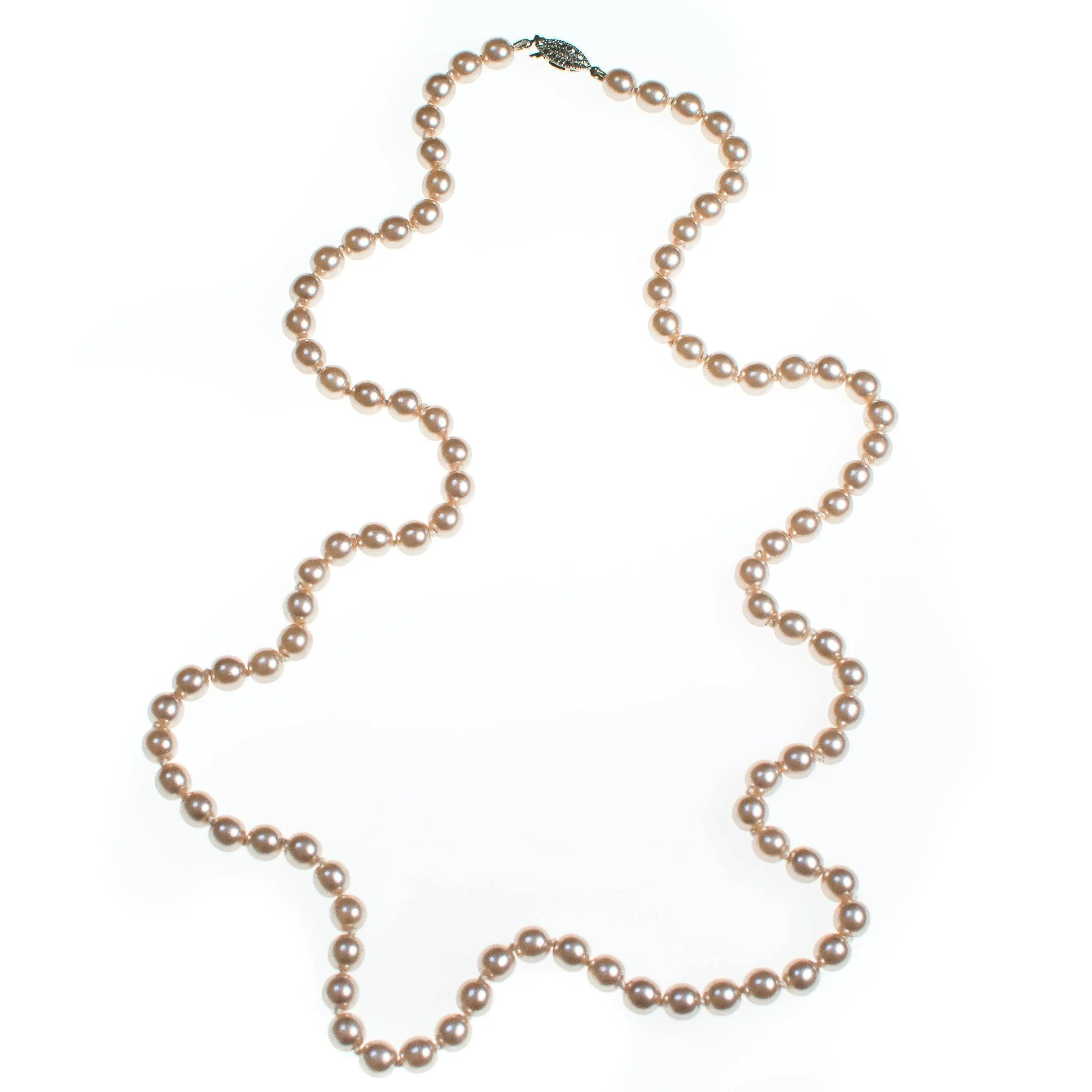 Vintage Champagne Silver Tone Long Hand Knotted Pearl Necklace with Silver Filigree Clasp