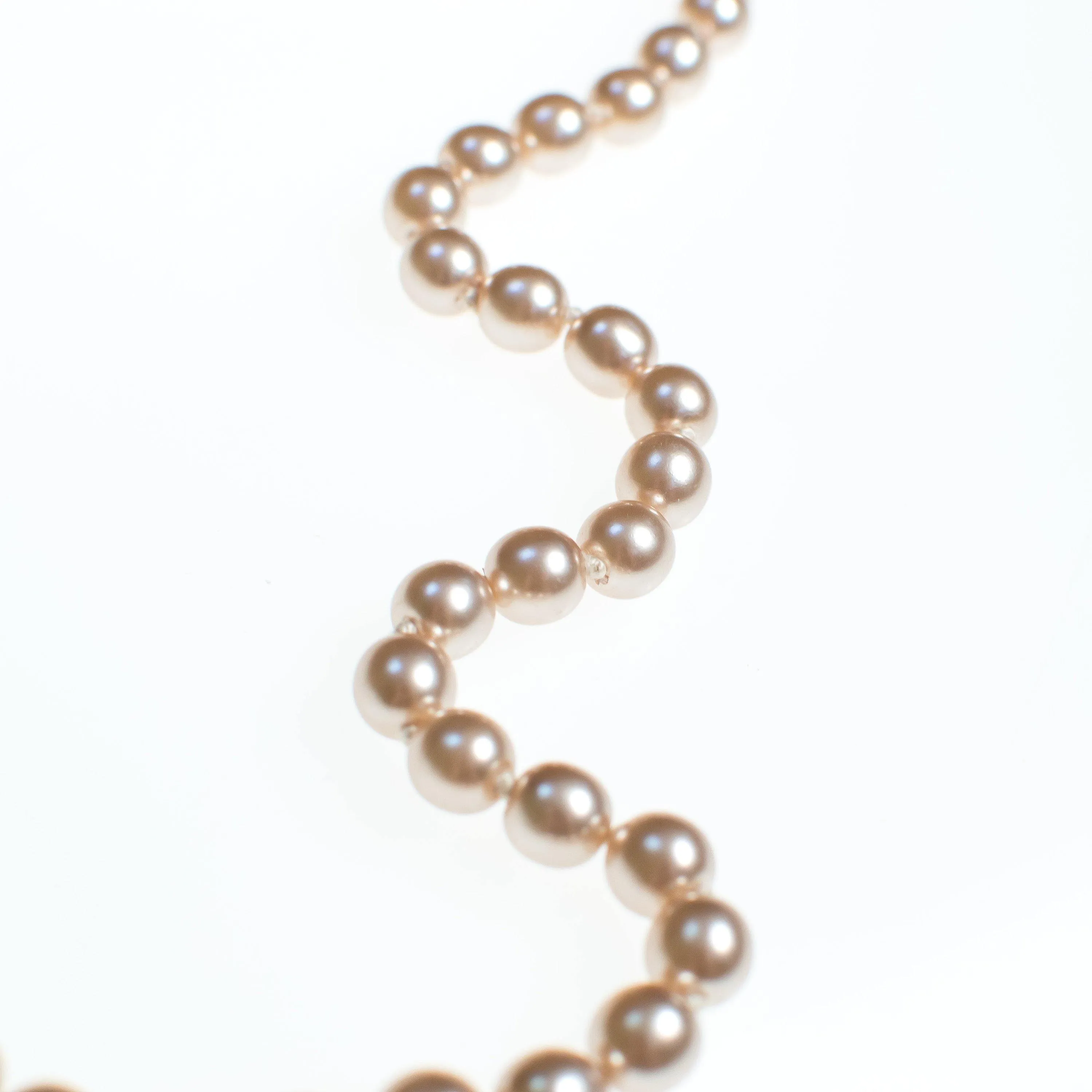 Vintage Champagne Silver Tone Long Hand Knotted Pearl Necklace with Silver Filigree Clasp