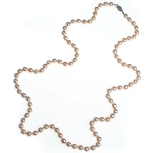 Vintage Champagne Silver Tone Long Hand Knotted Pearl Necklace with Silver Filigree Clasp
