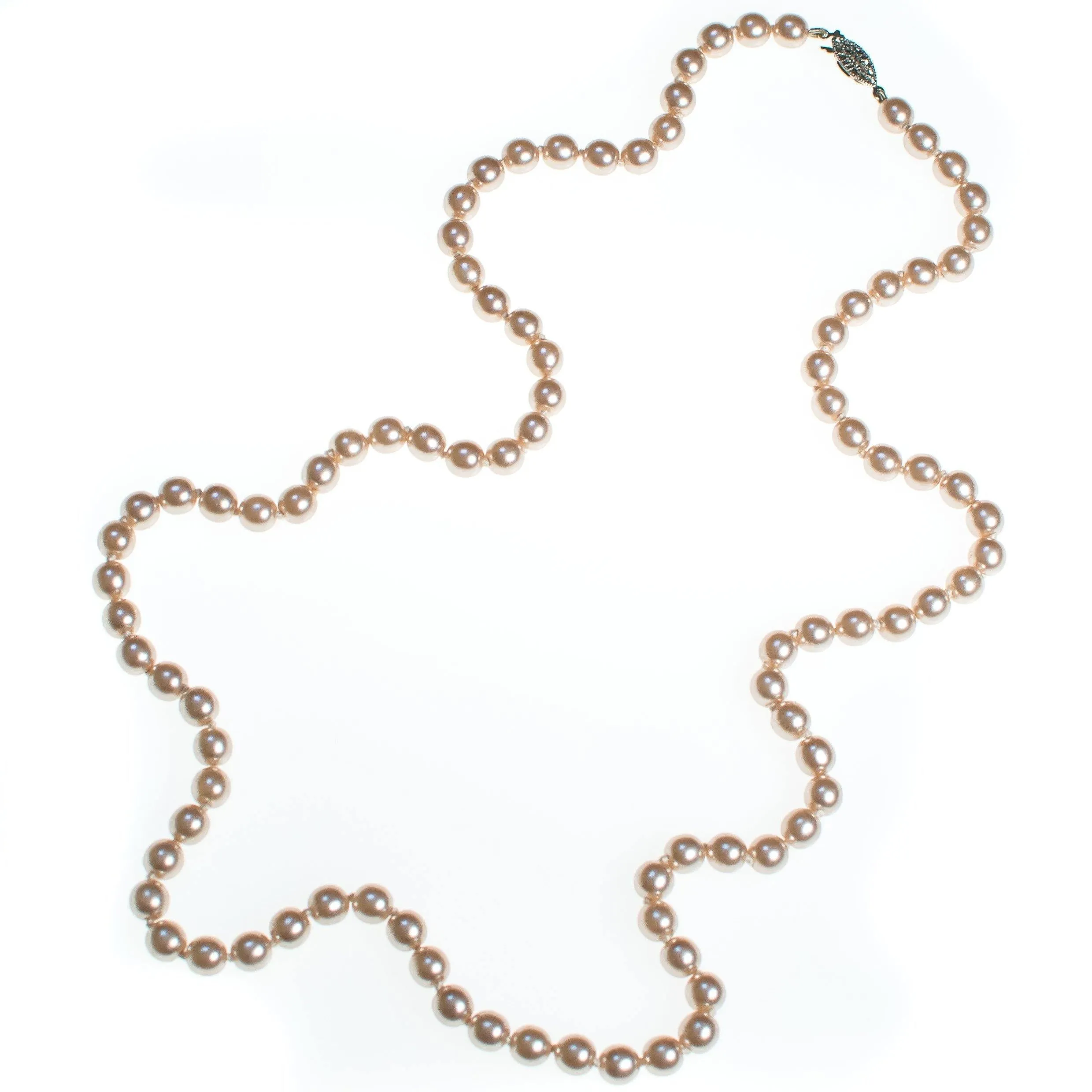 Vintage Champagne Silver Tone Long Hand Knotted Pearl Necklace with Silver Filigree Clasp