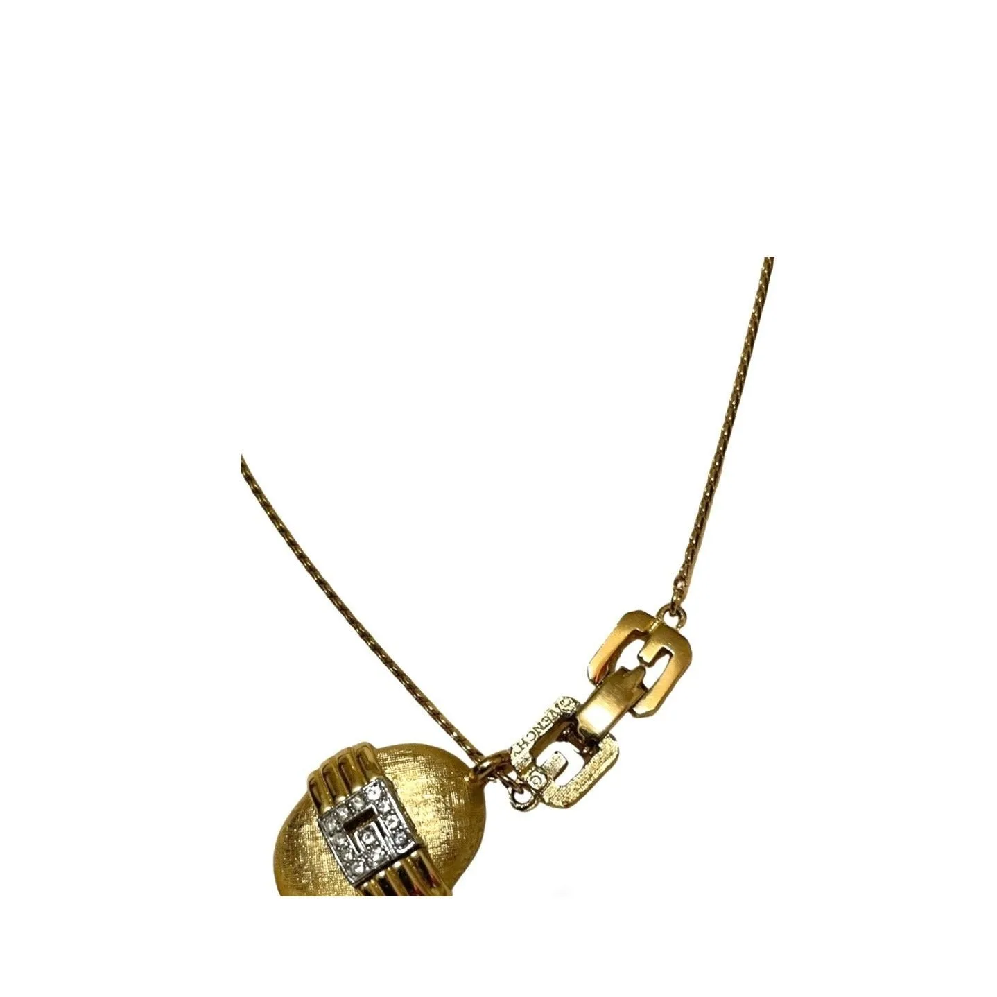 Vintage Givenchy gold chain necklace with oval G logo top with rhinestone crystals. 060521ac1