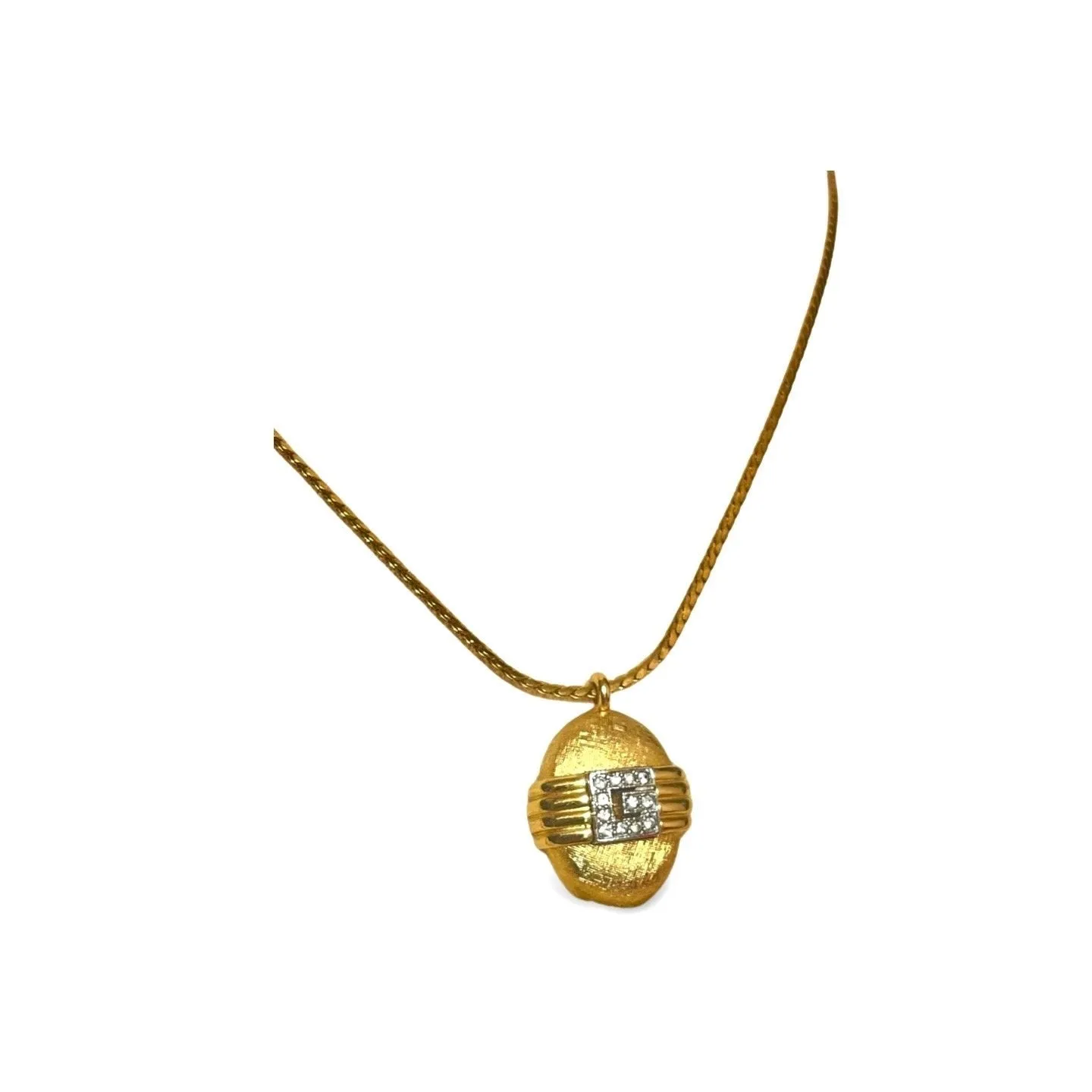 Vintage Givenchy gold chain necklace with oval G logo top with rhinestone crystals. 060521ac1