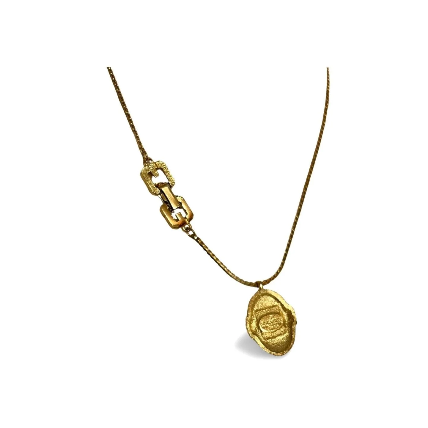 Vintage Givenchy gold chain necklace with oval G logo top with rhinestone crystals. 060521ac1
