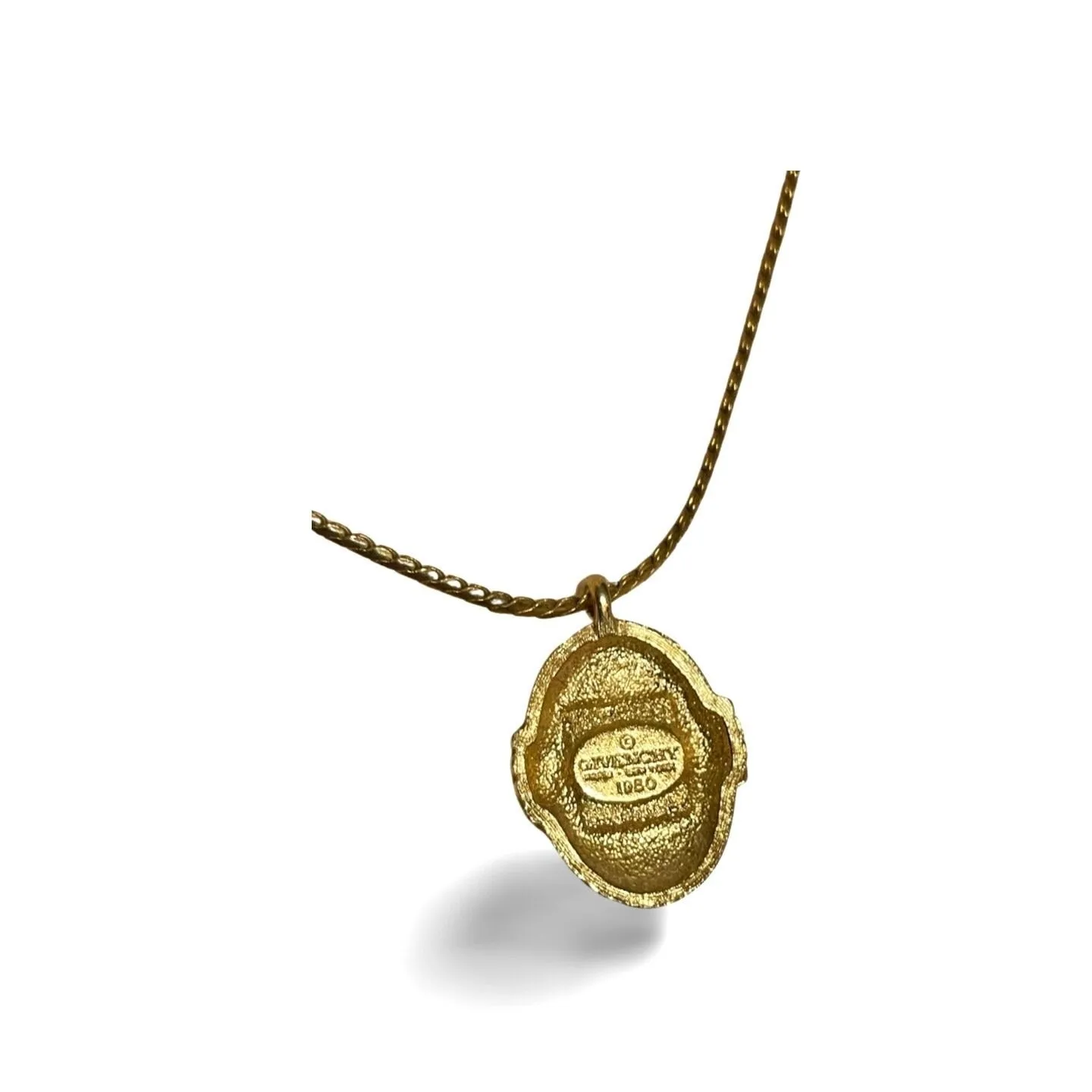 Vintage Givenchy gold chain necklace with oval G logo top with rhinestone crystals. 060521ac1