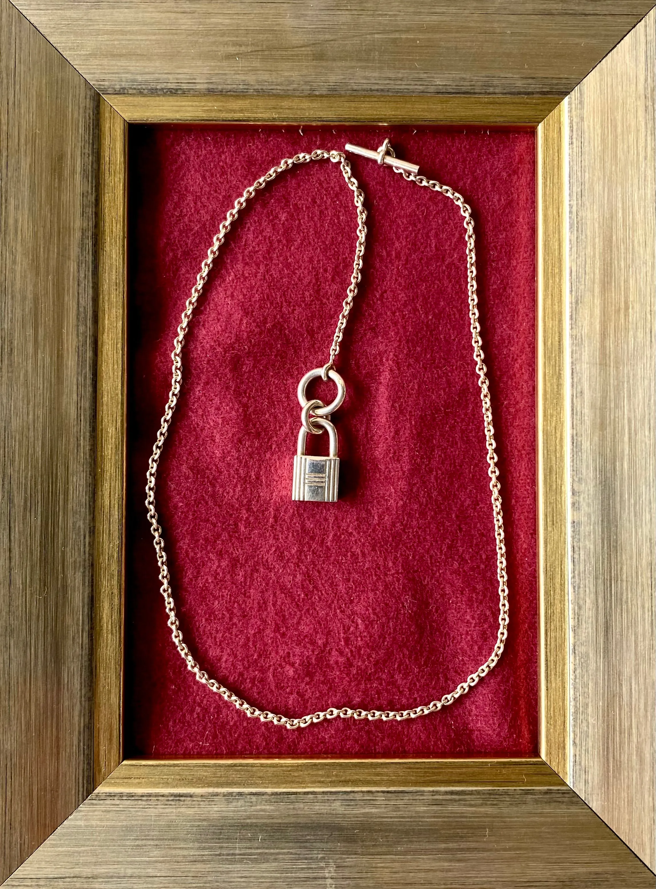 Vintage HERMES silver chain necklace with padlock key charm. Classic 925 silver jewelry piece from Hermes. 050601ya1