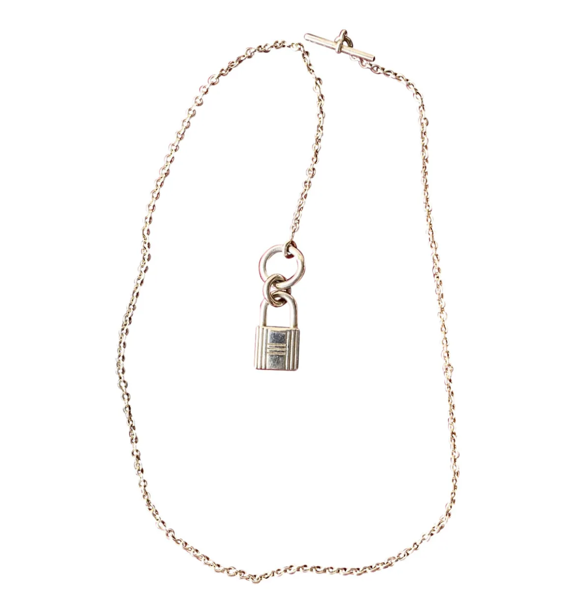 Vintage HERMES silver chain necklace with padlock key charm. Classic 925 silver jewelry piece from Hermes. 050601ya1