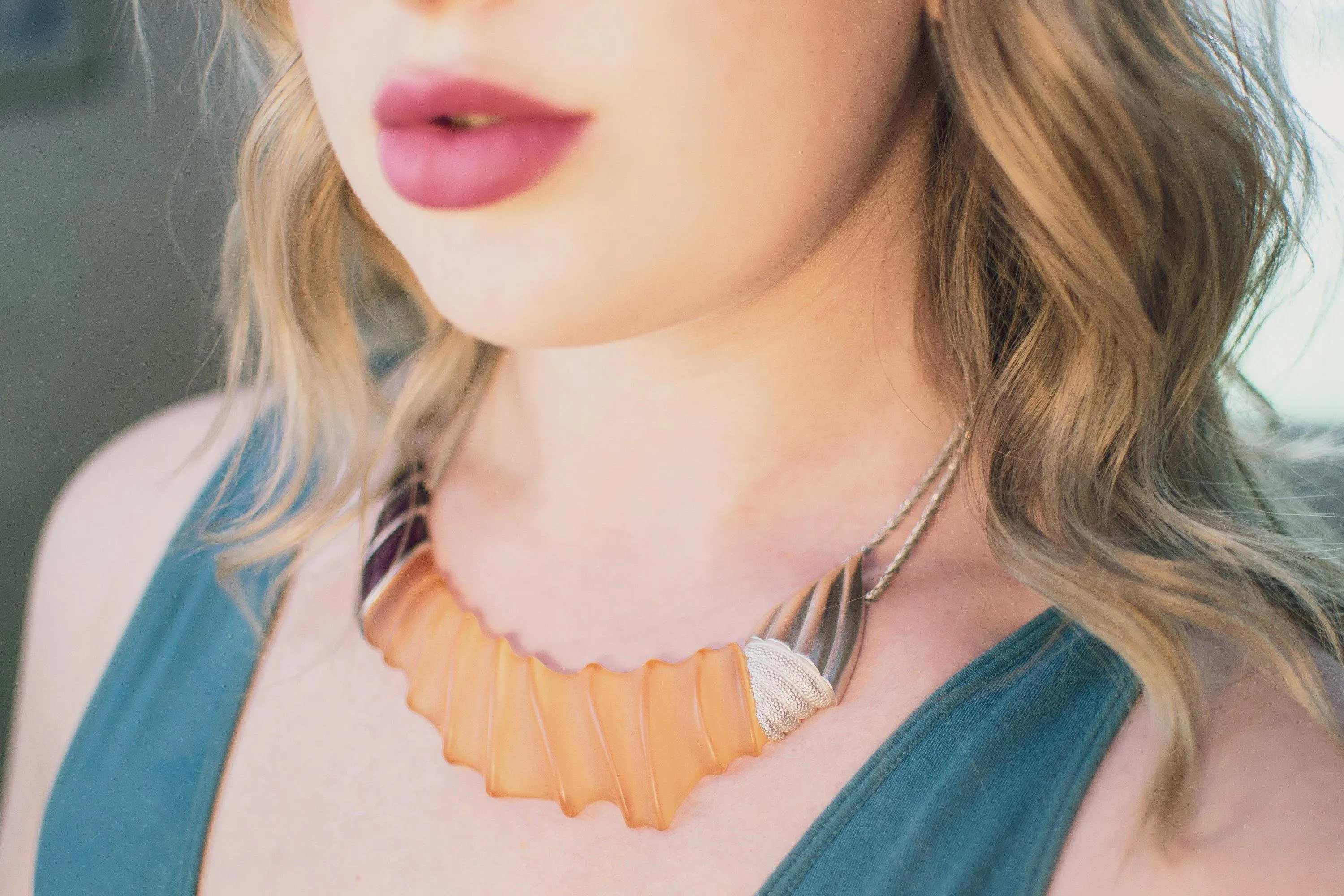 Vintage Monet Lucite with Silver Shell Statement Necklace YSL Era