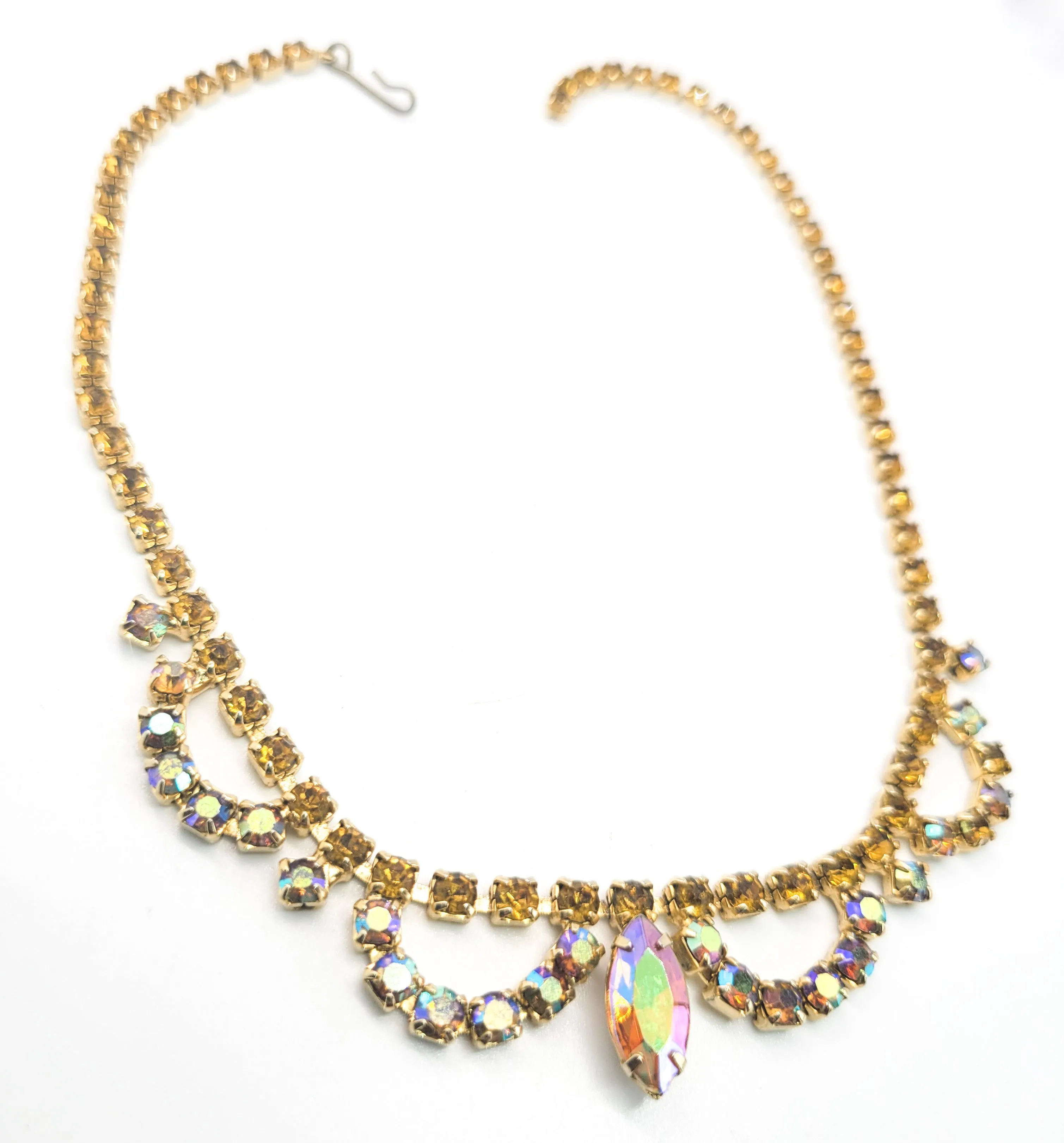Warm Topaz autumn fall Aurora Borealis rhinestone vintage collar necklace mid century