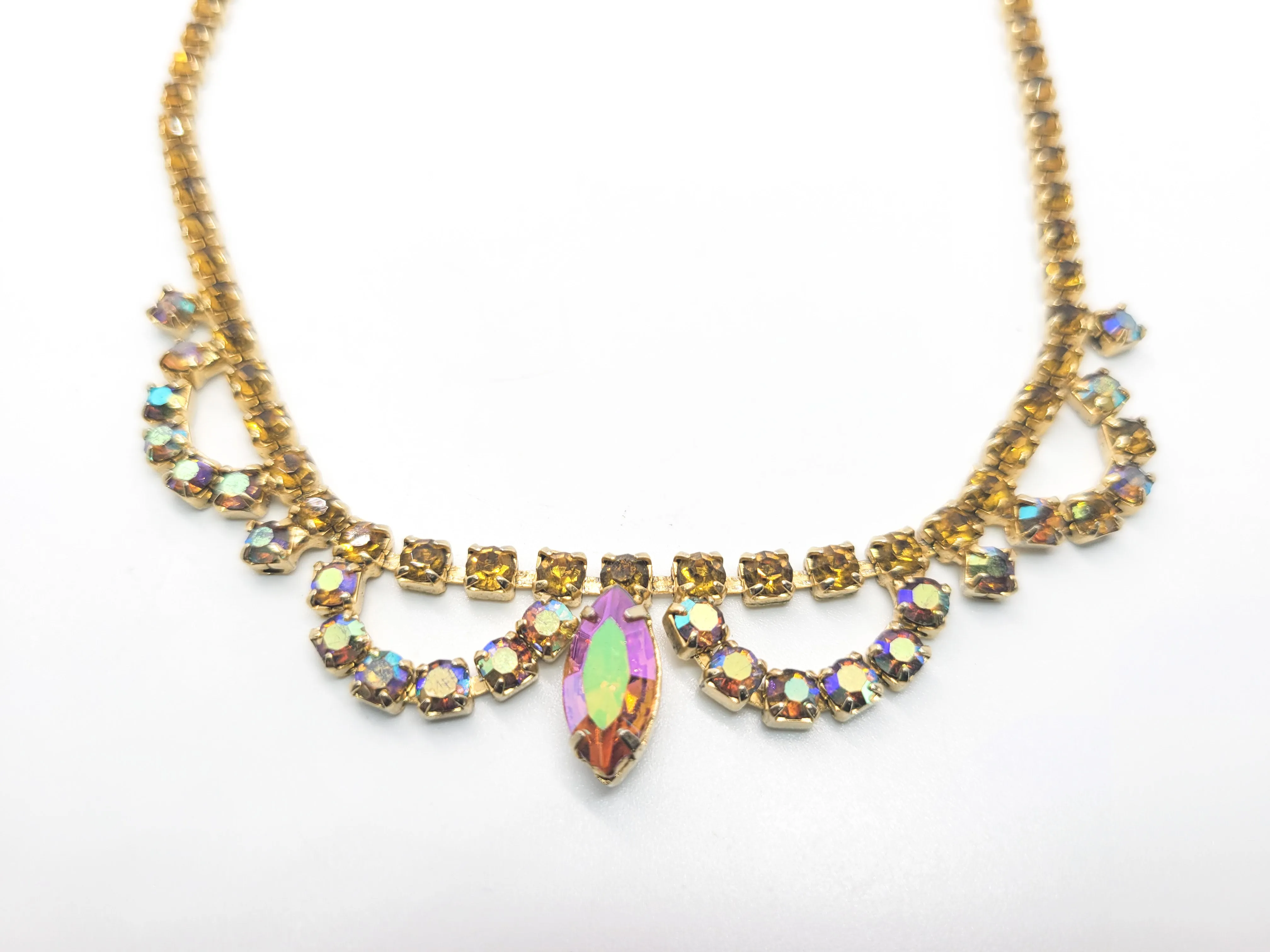 Warm Topaz autumn fall Aurora Borealis rhinestone vintage collar necklace mid century
