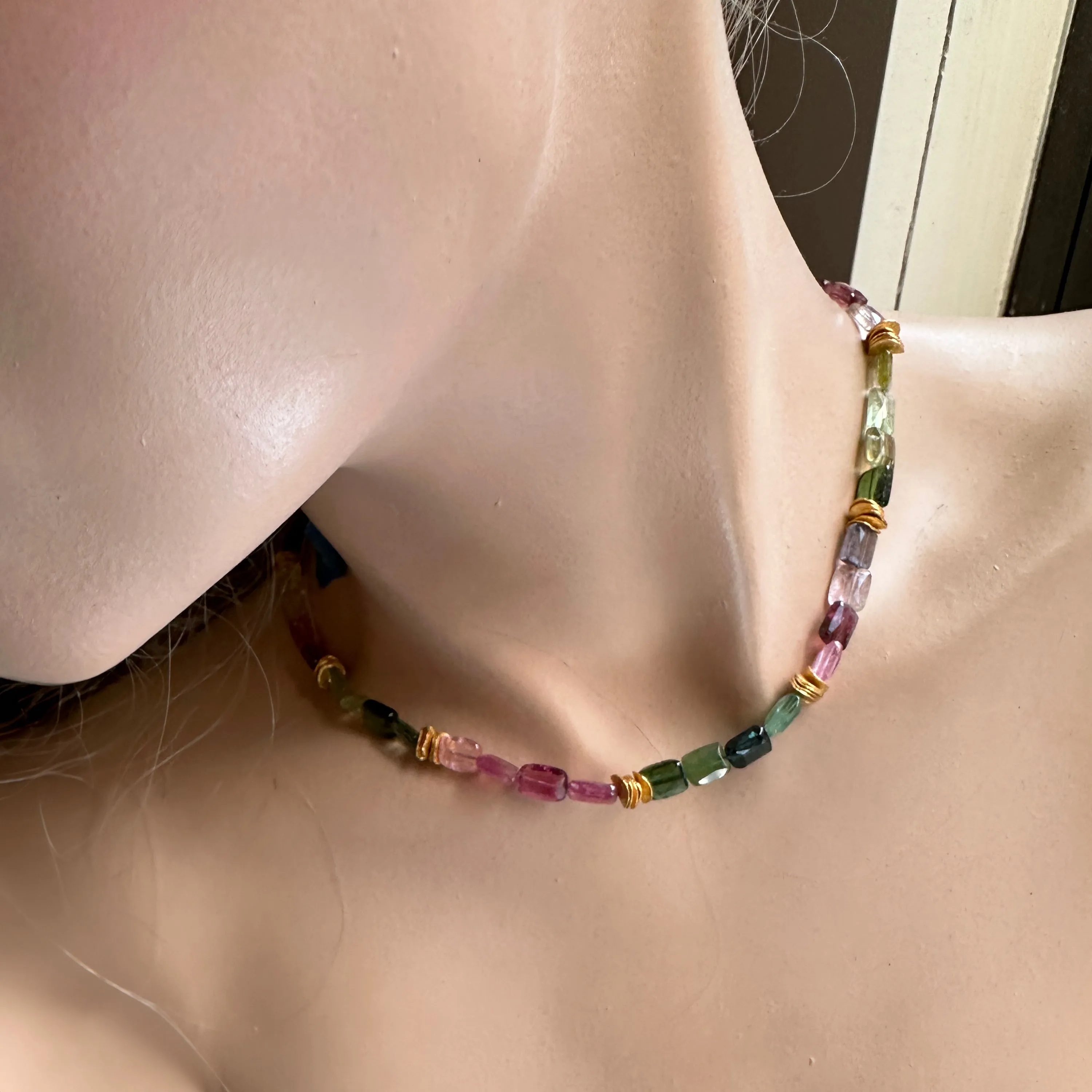 Watermelon Tourmaline Chicklet Gold Choker