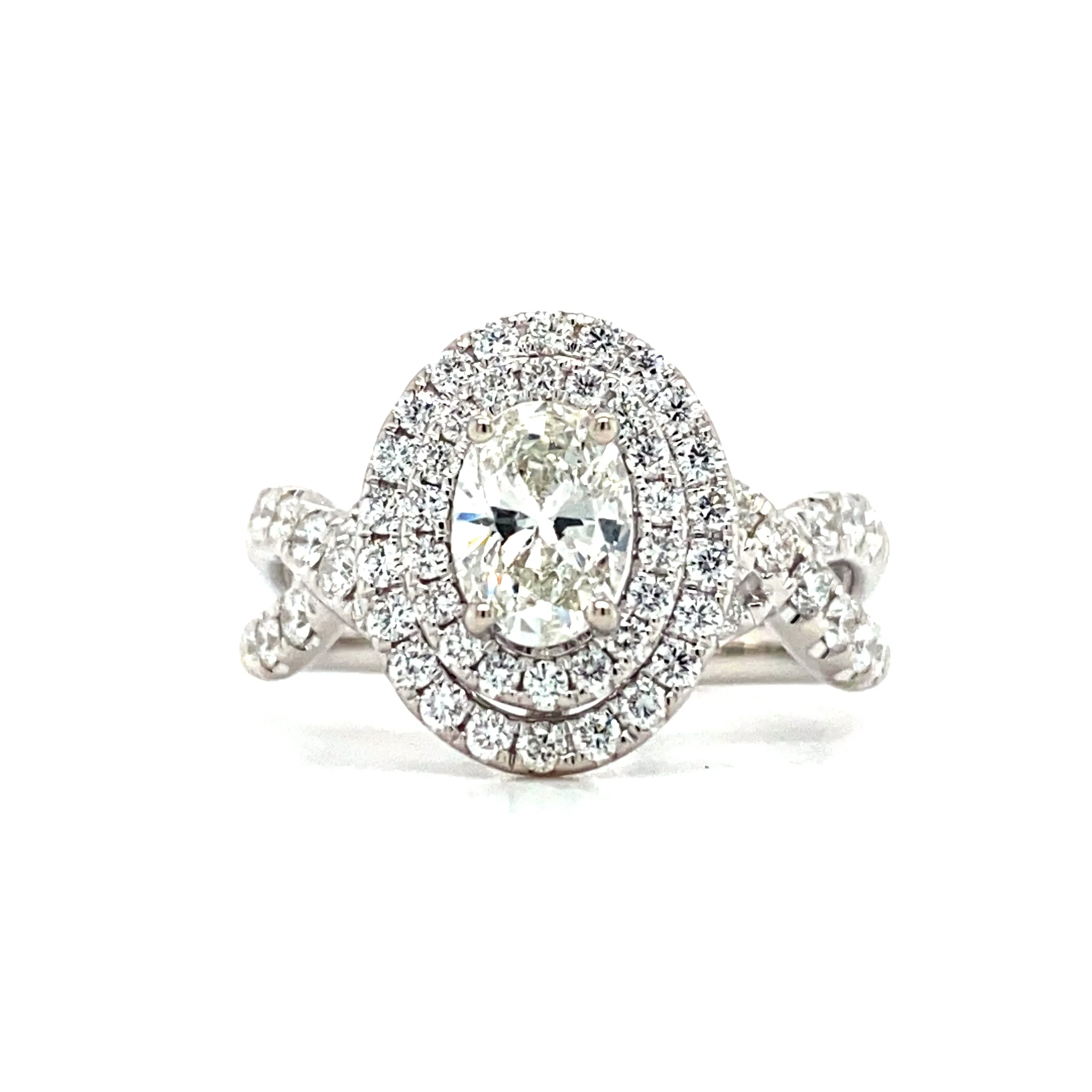 White & Rose Gold Oval Double Halo Diamond Engagement Ring | 1.79 Carat Total Weight