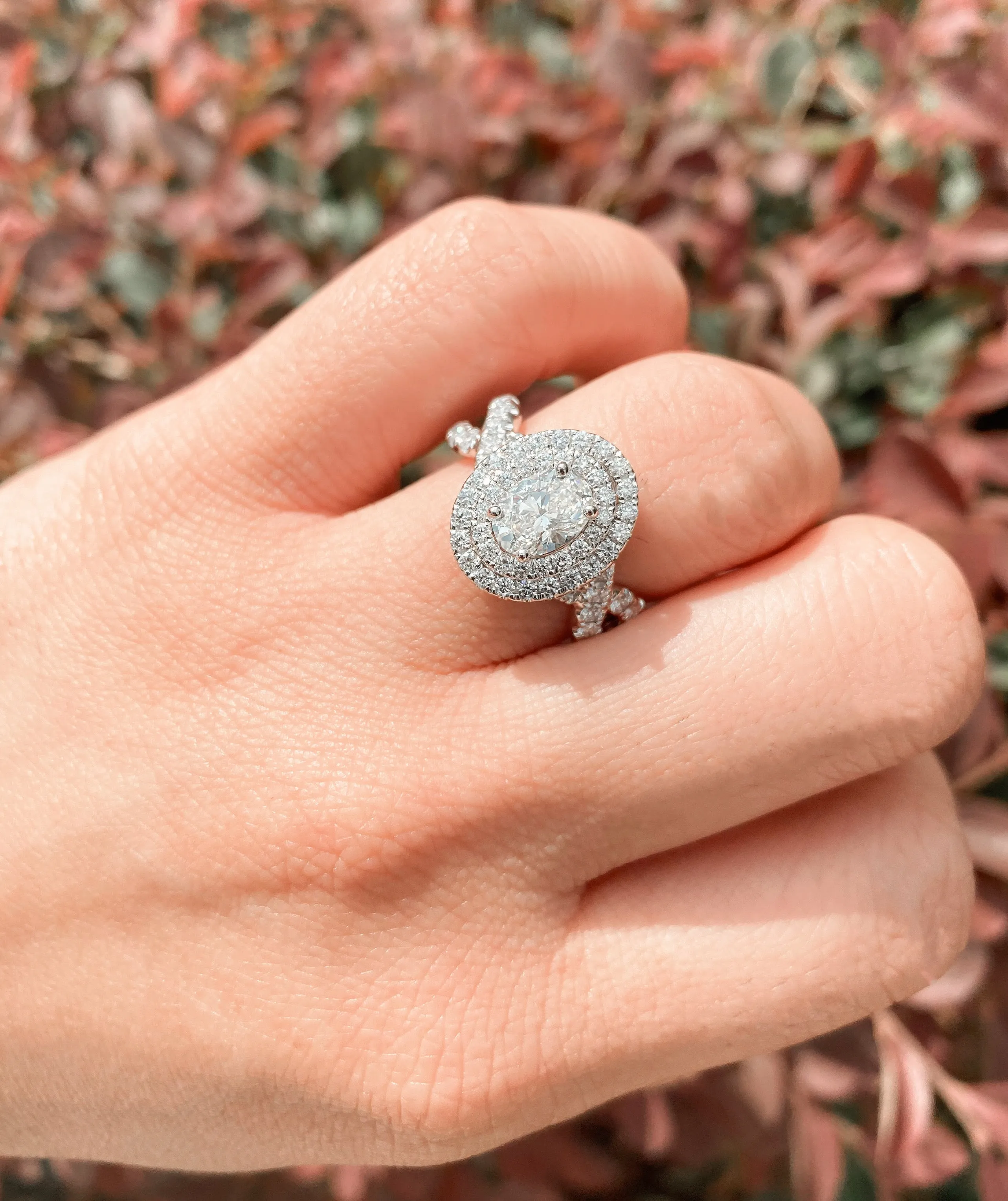 White & Rose Gold Oval Double Halo Diamond Engagement Ring | 1.79 Carat Total Weight