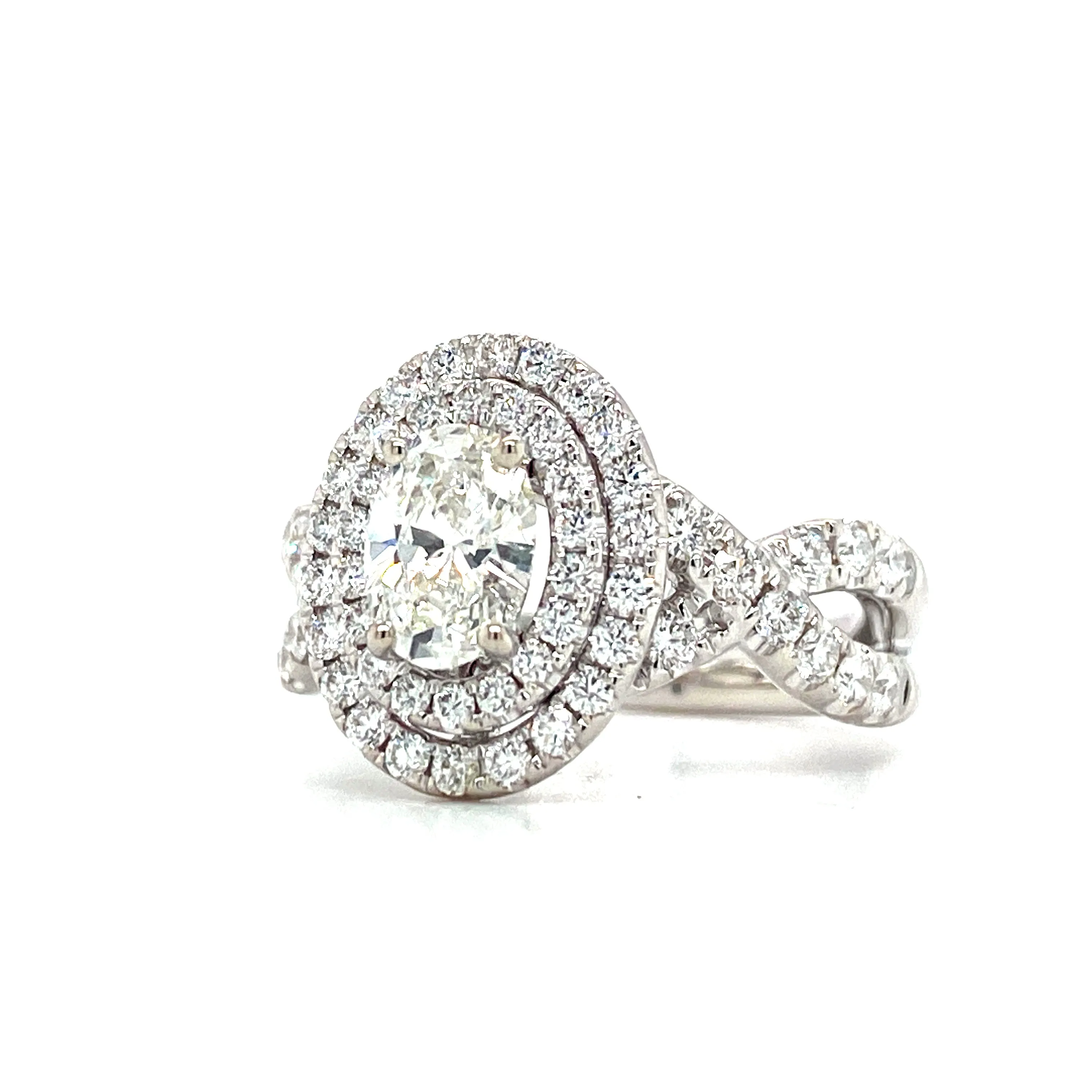 White & Rose Gold Oval Double Halo Diamond Engagement Ring | 1.79 Carat Total Weight