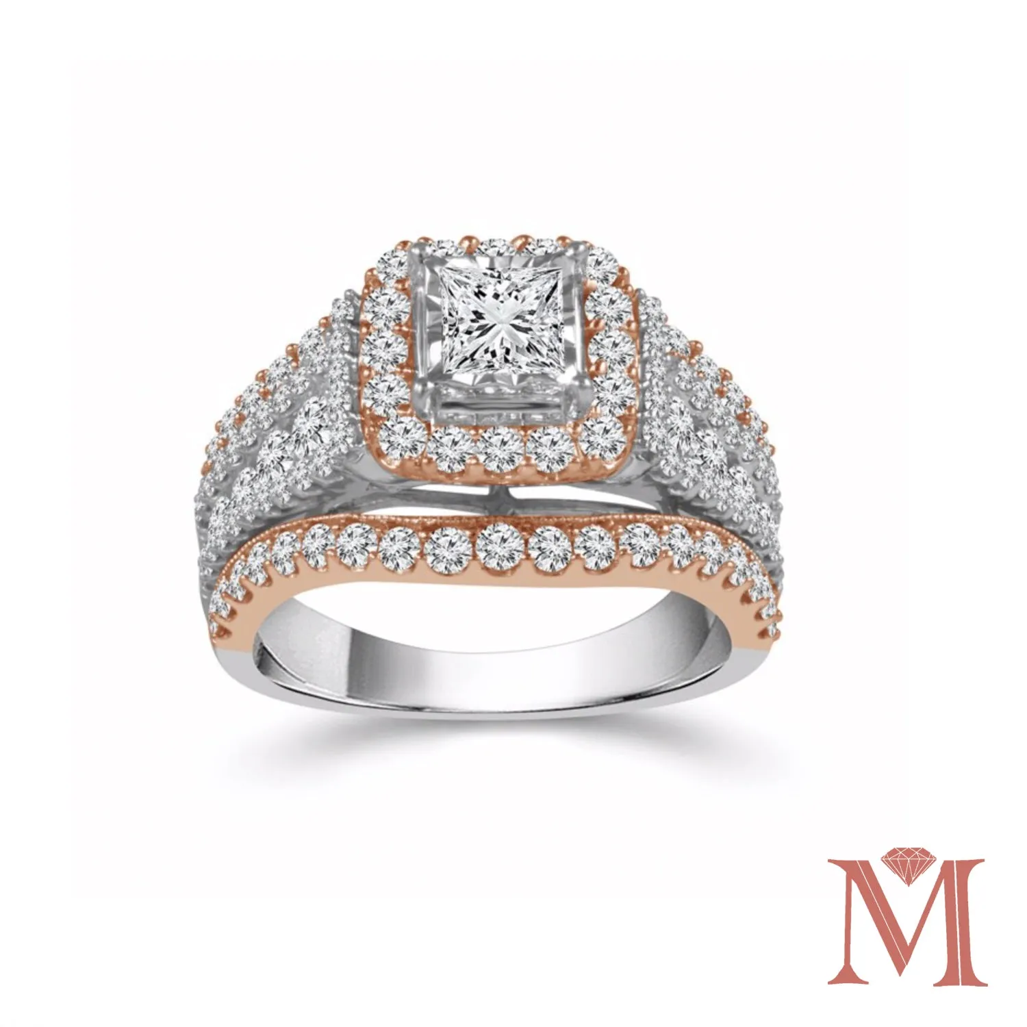 White & Rose Gold Princess Halo Diamond Ring| 2.00 Carat Total Weight