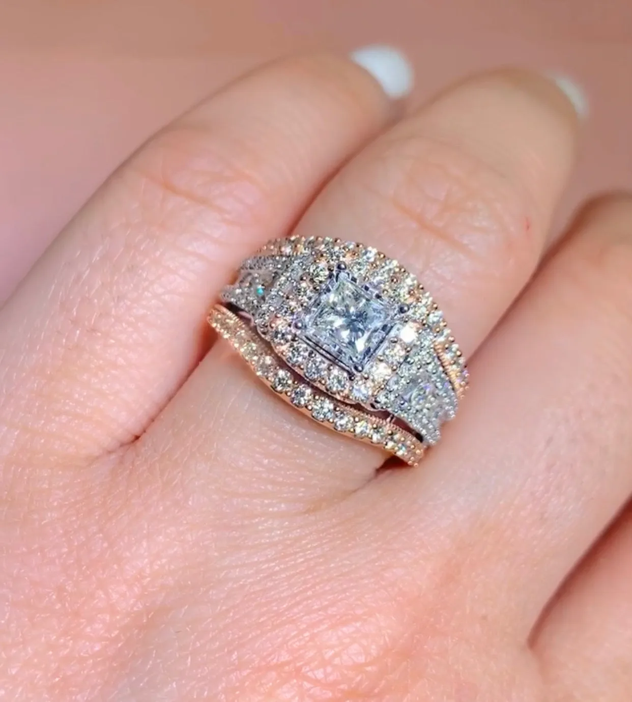 White & Rose Gold Princess Halo Diamond Ring| 2.00 Carat Total Weight