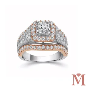 White & Rose Gold Princess Halo Diamond Ring| 2.00 Carat Total Weight