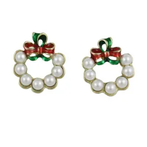 White Christmas Wreath Red and Green Bow Pierced Earring - XE813