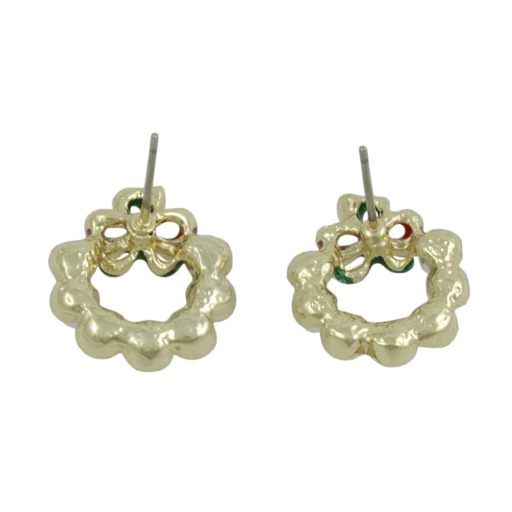 White Christmas Wreath Red and Green Bow Pierced Earring - XE813