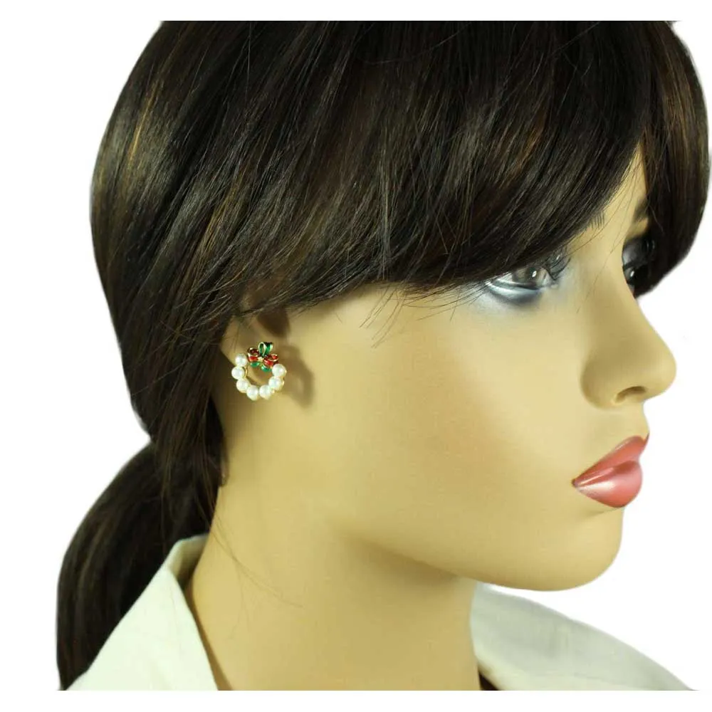 White Christmas Wreath Red and Green Bow Pierced Earring - XE813