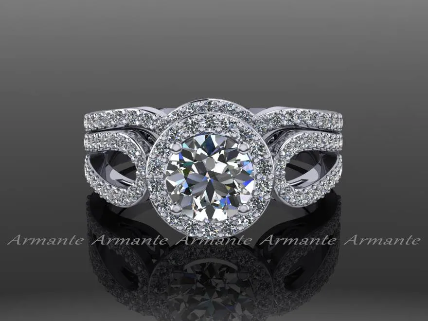 White Gold Halo Engagement Set, Filigree Ring Wedding Set