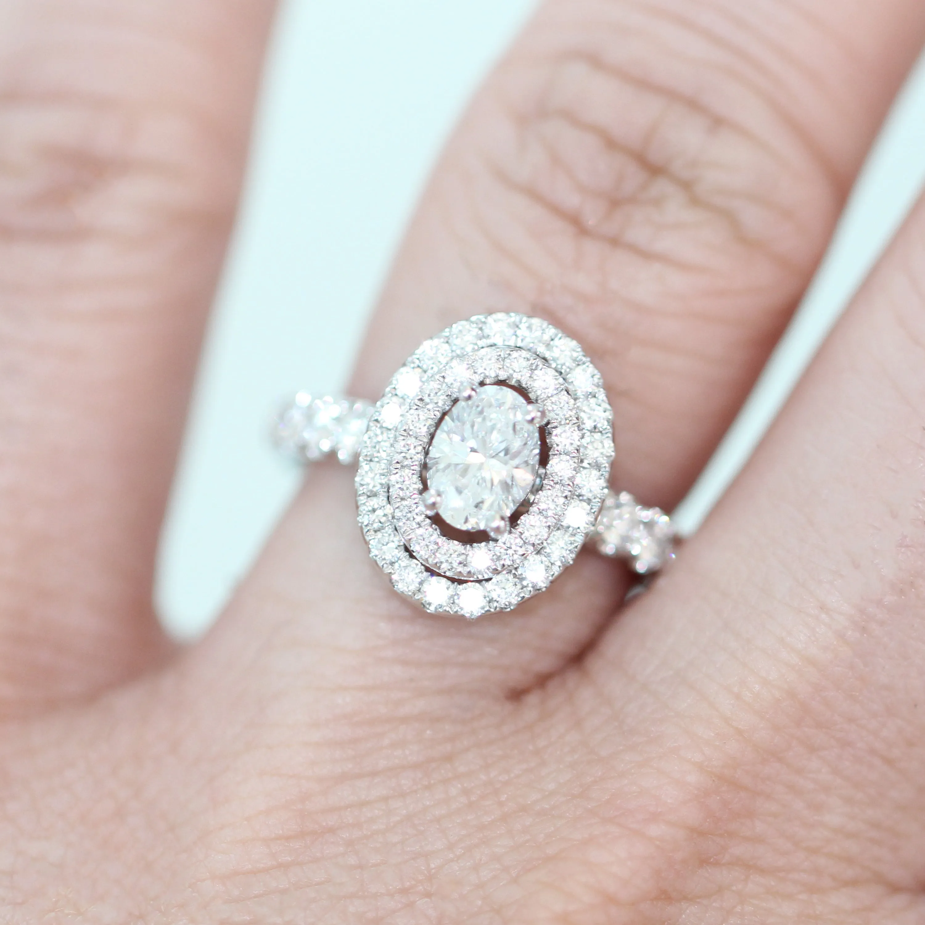 White Gold Oval Double Halo Diamond Ring | 1.50 Carat Total Weight