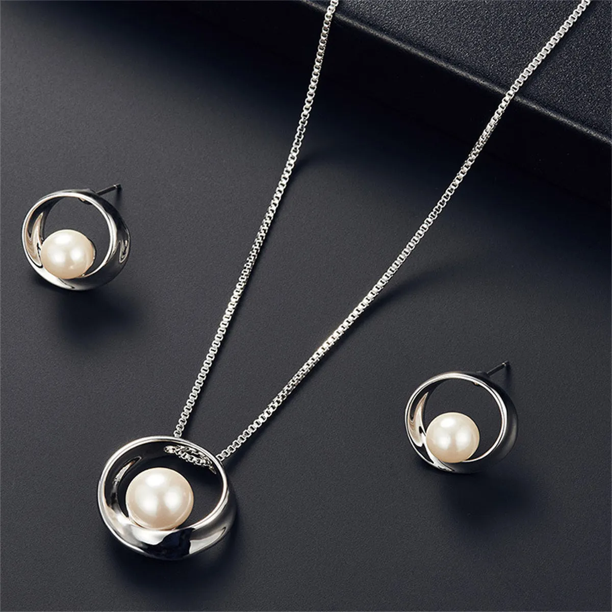 White Pearl & Silver-Plated Stud Earrings & Pendant Necklace