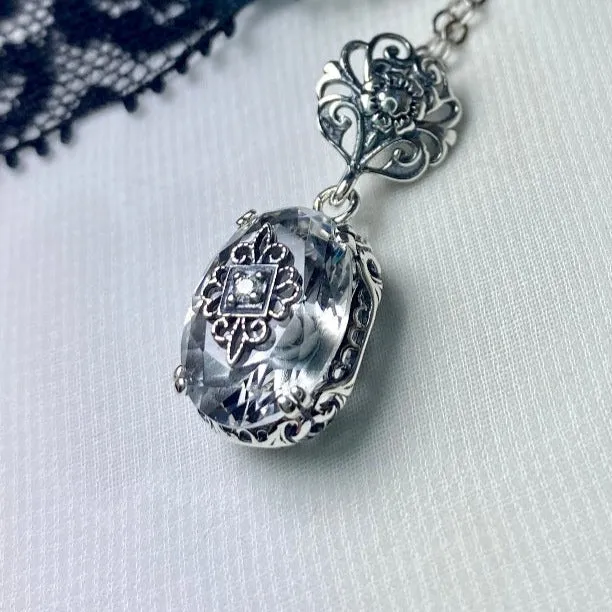 White Topaz Pendant, Embellished Edwardian Necklace #P70e - Ready to Ship