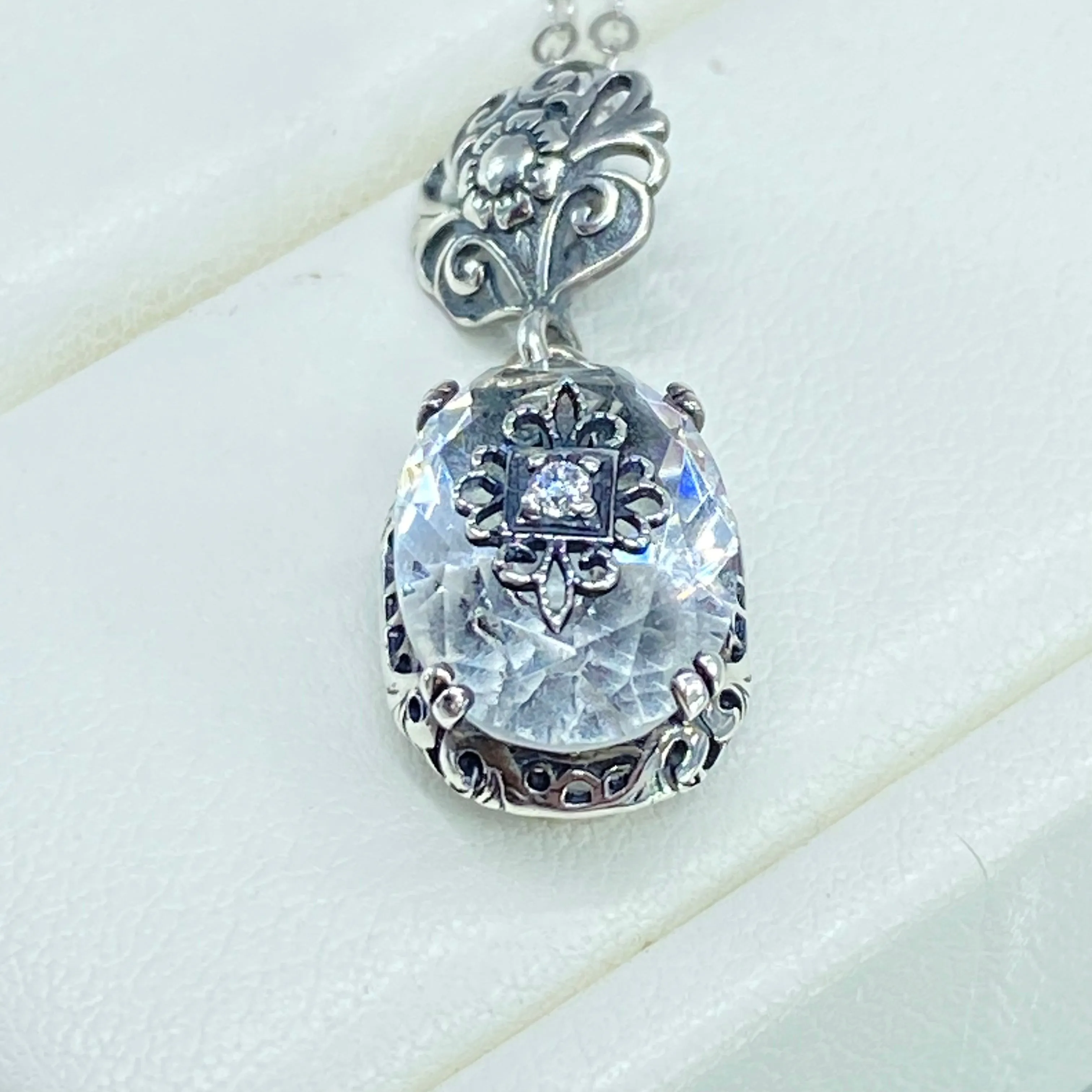 White Topaz Pendant, Embellished Edwardian Necklace #P70e - Ready to Ship