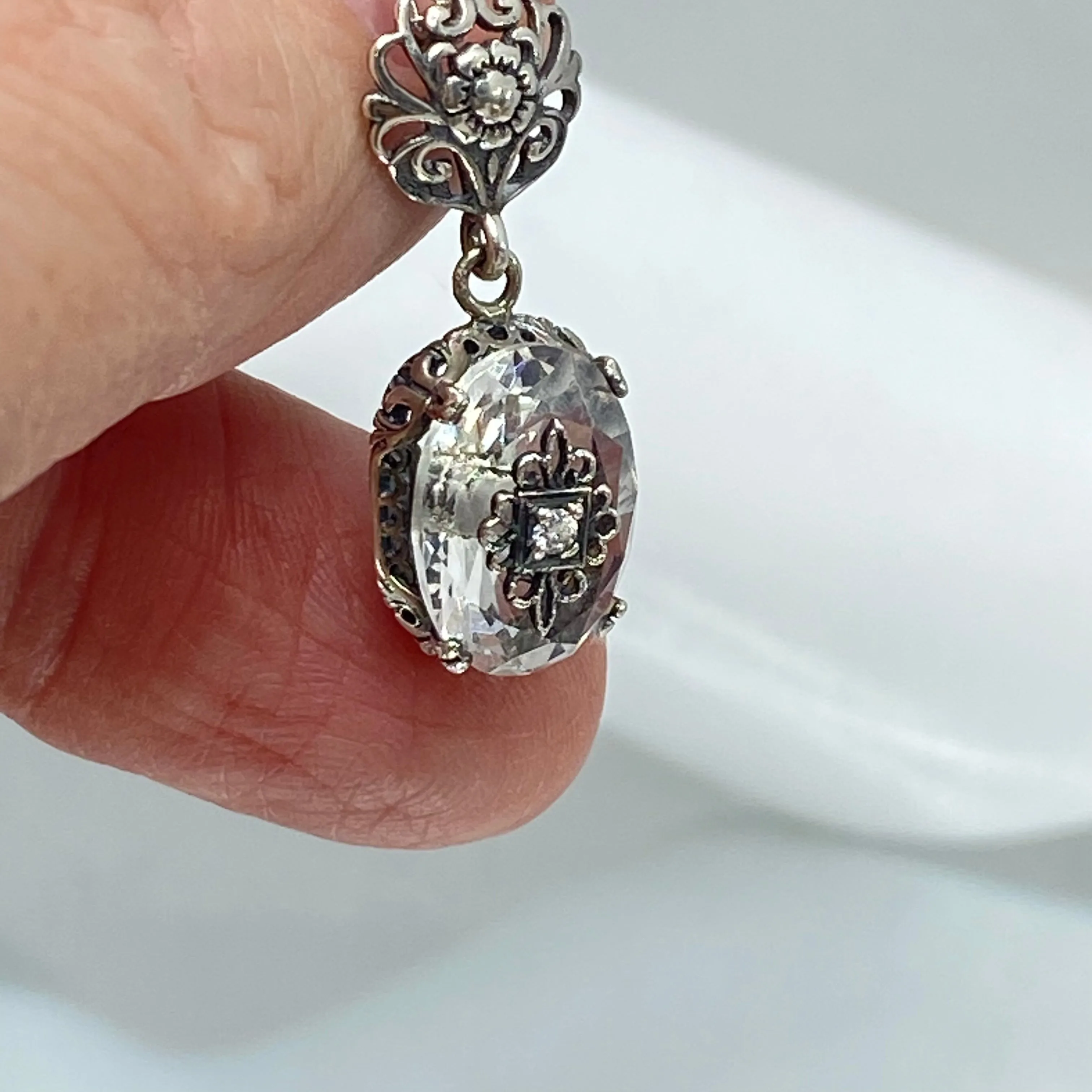 White Topaz Pendant, Embellished Edwardian Necklace #P70e - Ready to Ship