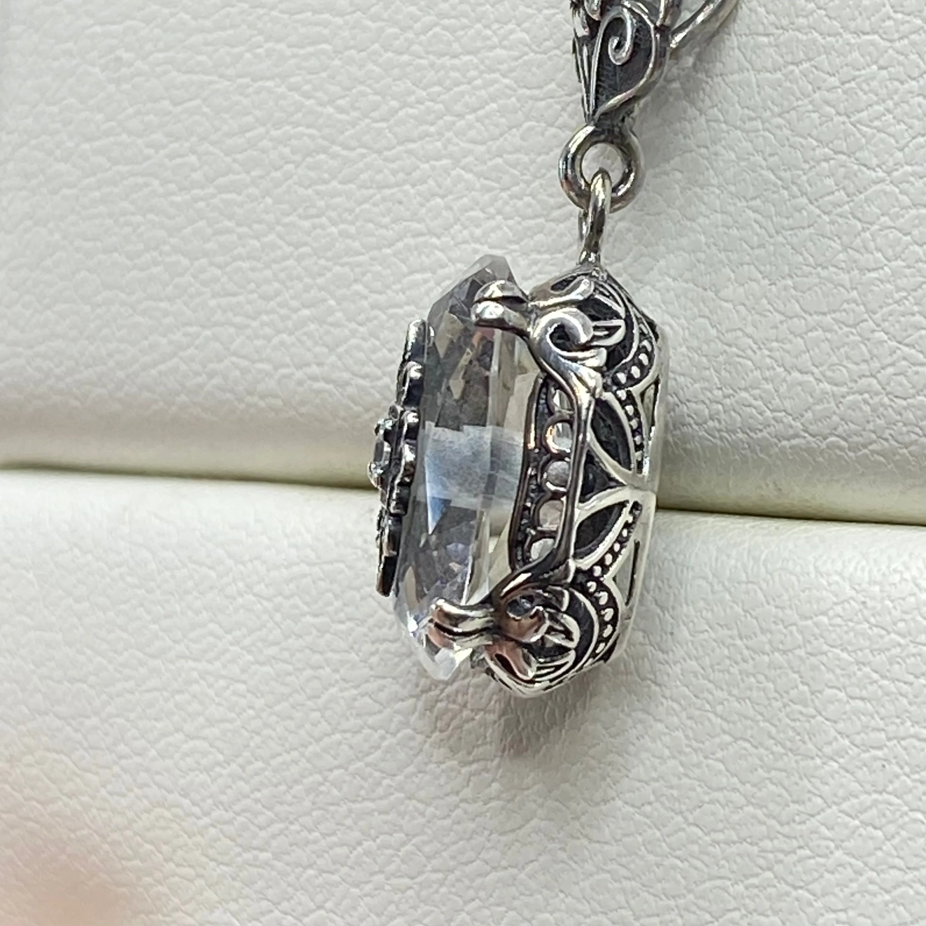White Topaz Pendant, Embellished Edwardian Necklace #P70e - Ready to Ship