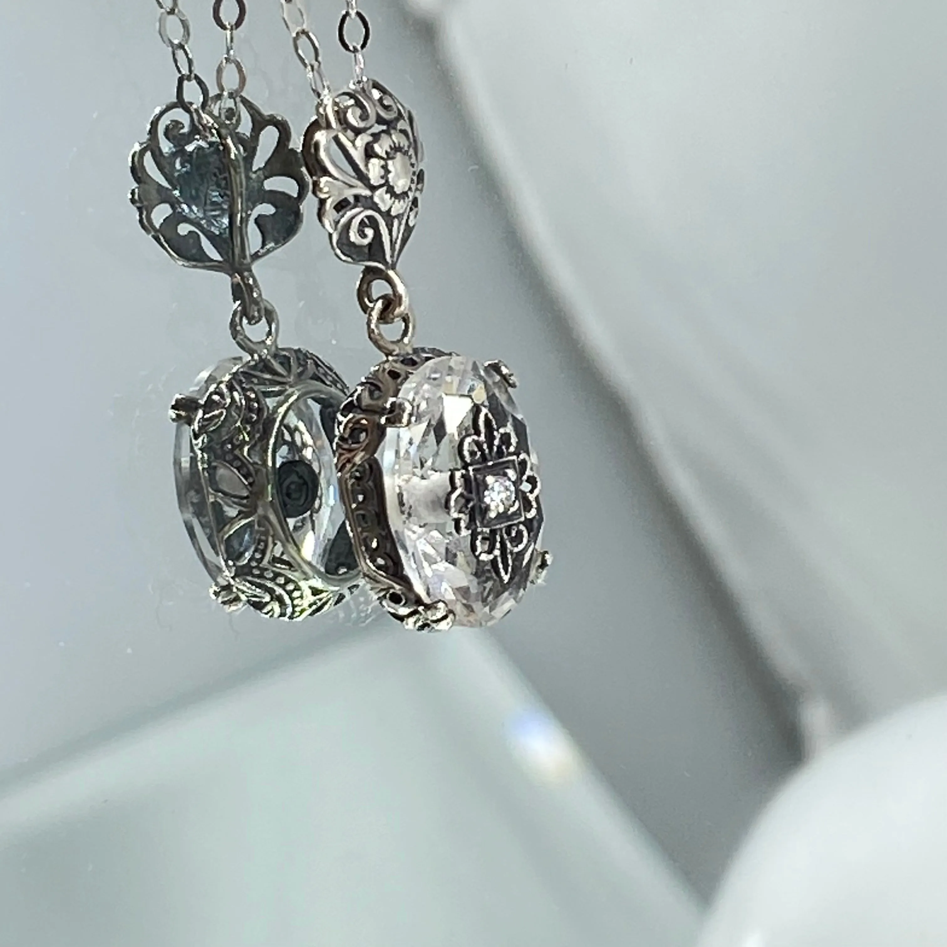 White Topaz Pendant, Embellished Edwardian Necklace #P70e - Ready to Ship